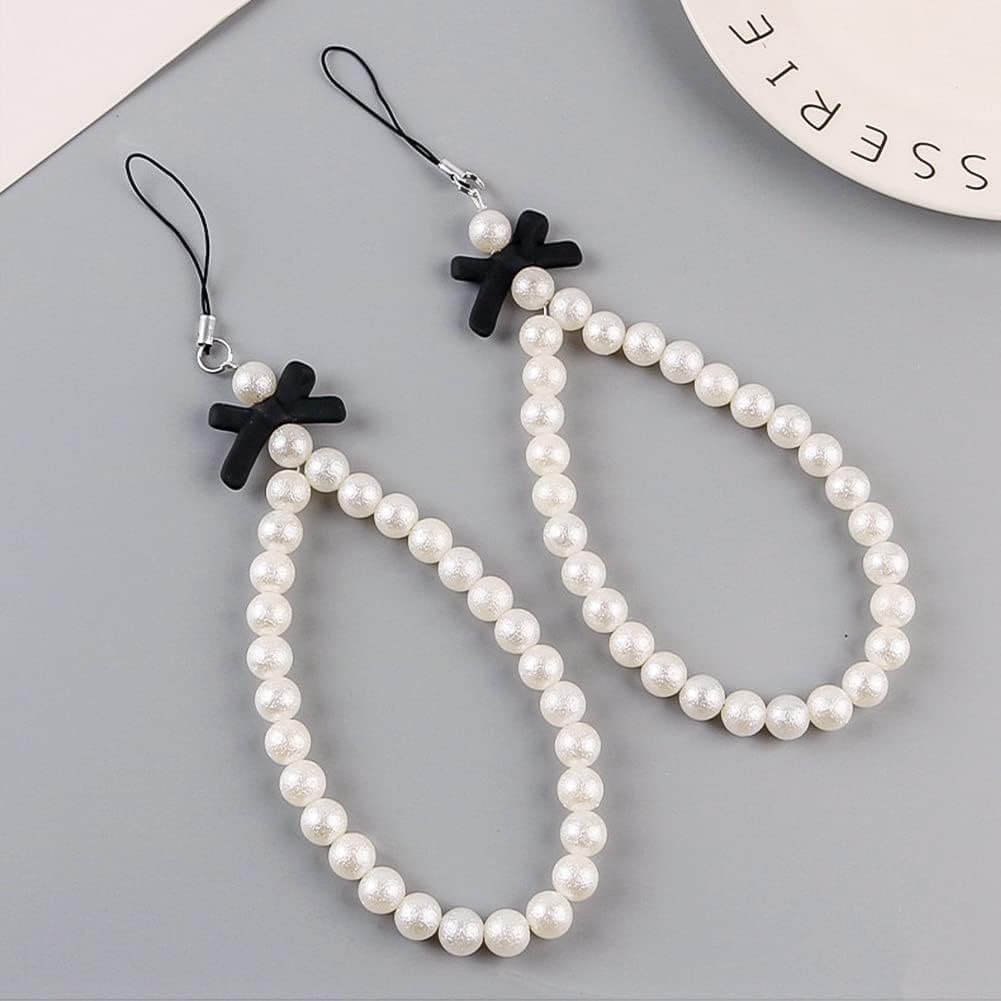 Fashionable White Pearl Beaded Phone Lanyard with Black Bow - Universal Anti-Lost Wrist Strap for Mobile Phones, Keychains & Wallets - Elegant Women's Accessory for Work, Travel & Daily Use