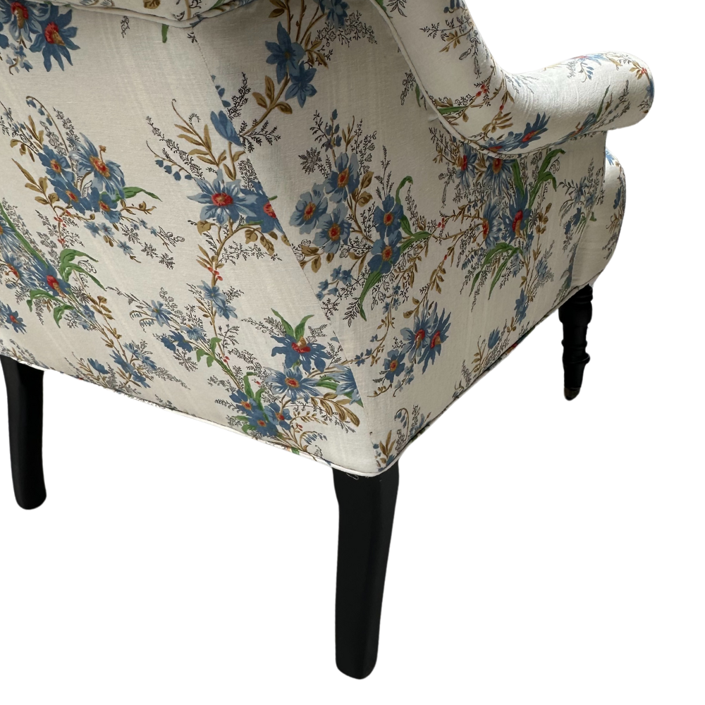 Custom Bog Chair in Décors Barbares Ete Moscovite Indigo Fabric - Handmade Bohemian Style Lounge Chair for Living Room, Bedroom, or Outdoor Patio Decor