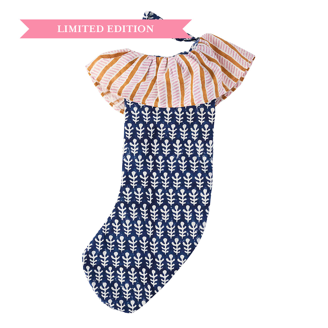Stocking Bagru Blue with Garden Path Copper Rose Frill - Handmade Block Print Cotton Stockings for Women - Perfect for Boho Fashion, Home Decor, and Gift Giving