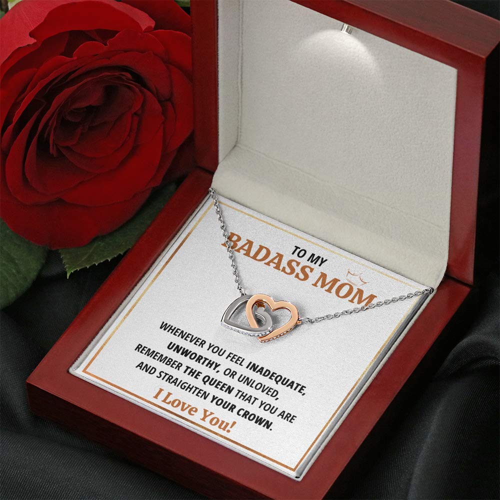 Interlocking Hearts Pendant Necklace - Meaningful Gift from Daughter or Son to Mom - Badass Queen Mother's Jewelry with Message Card & Gift Box - Perfect for Mother's Day, Birthday, Anniversary & Special Occasions