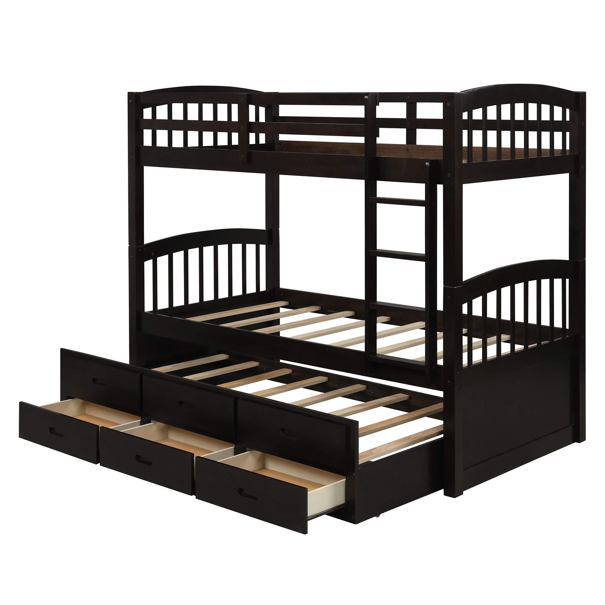 JULYFOX Twin Over Twin Bunk Bed with Trundle and 3 Storage Drawers - Solid Hardwood Space-Saving Bunk Bed with Ladder - Perfect for Kids' Bedrooms, Guest Rooms, and Small Spaces (Espresso Finish)