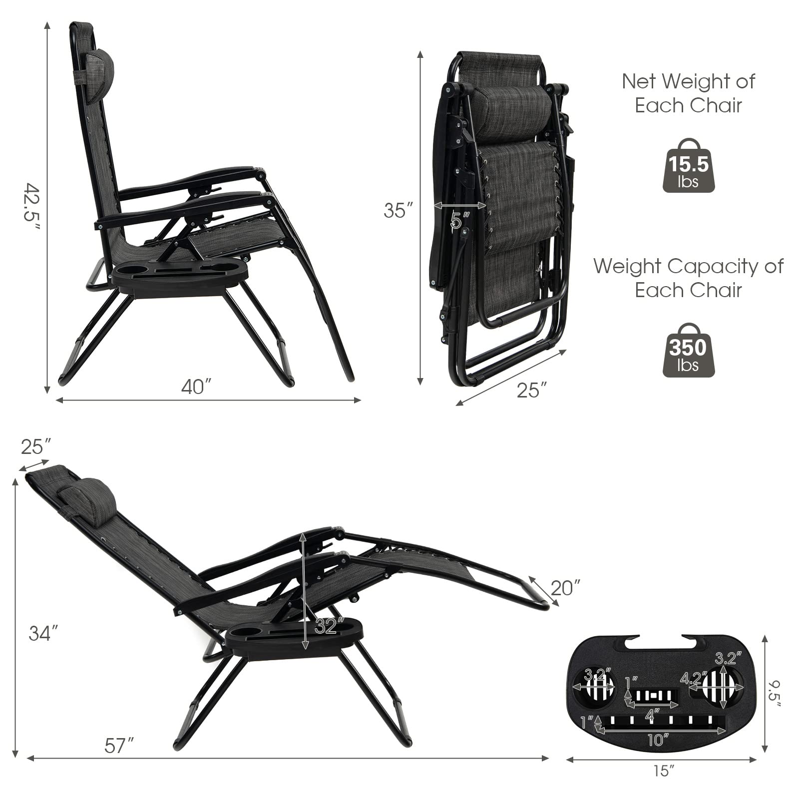 Goplus Zero Gravity Lounge Chairs - 160° Adjustable Folding Recliner with Pillow & Cup Holder, 350LBS Capacity - Comfortable Outdoor Patio Chairs for Backyard, Poolside, Beach & Camping (1-Pack, Gray) - Perfect for Relaxing, Sunbathing & Outdoor Lounging