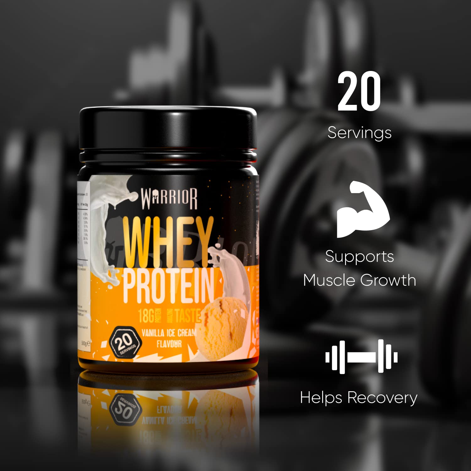 Warrior Whey Protein Powder 500g - 36g Protein per Serving | Low Sugar Muscle Recovery & Growth Supplement | GMP Certified Vanilla Ice Cream Flavor | 20 Servings for Post-Workout, Weight Training & Healthy Lifestyle