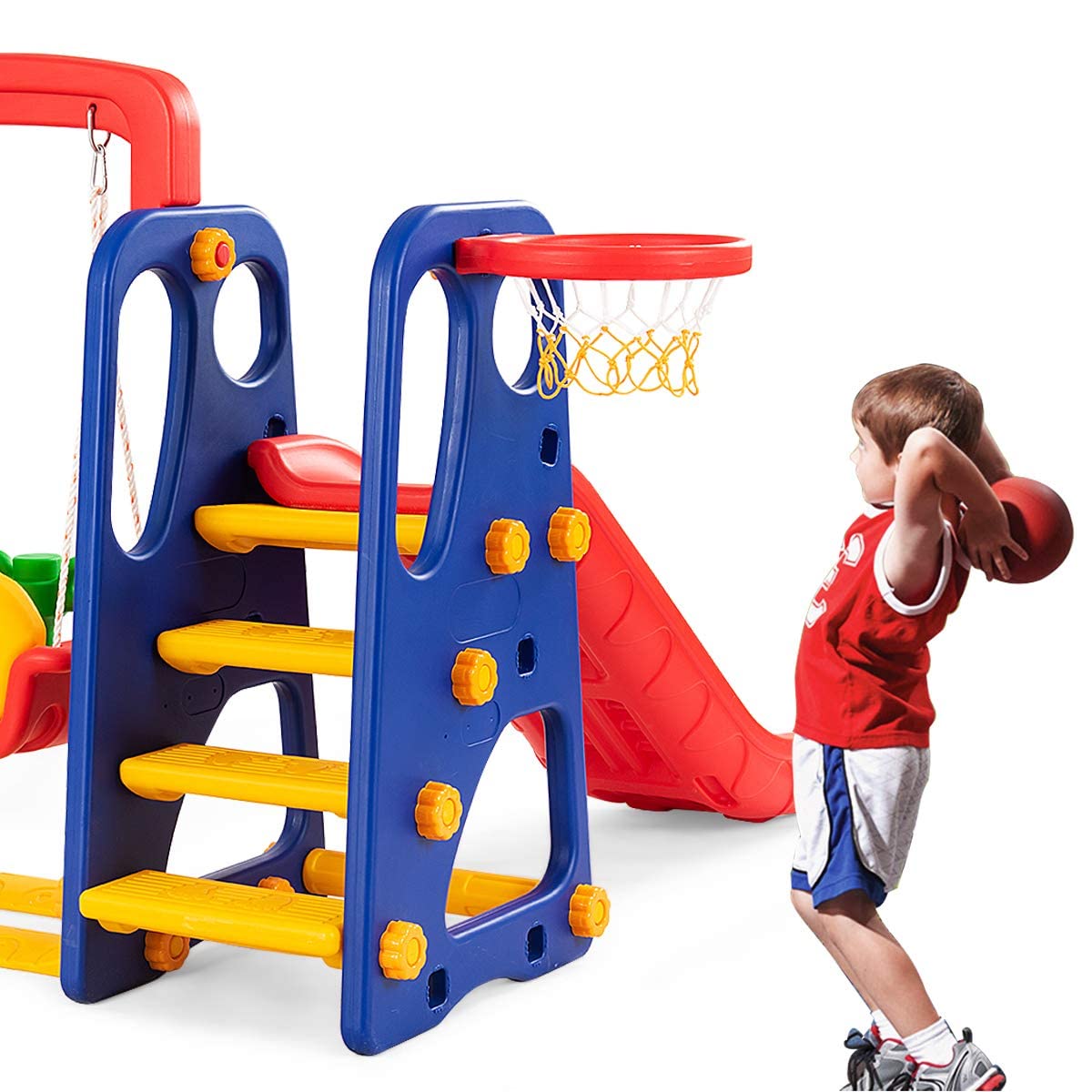 **HOMGX 4-in-1 Kids Slide and Swing Set - Outdoor & Indoor Playground for Toddlers with Basketball Hoop, Climbing Stairs & Long Slide - Easy Setup Backyard Playset for Boys & Girls - Perfect for Gardens, Parks, and Playrooms**