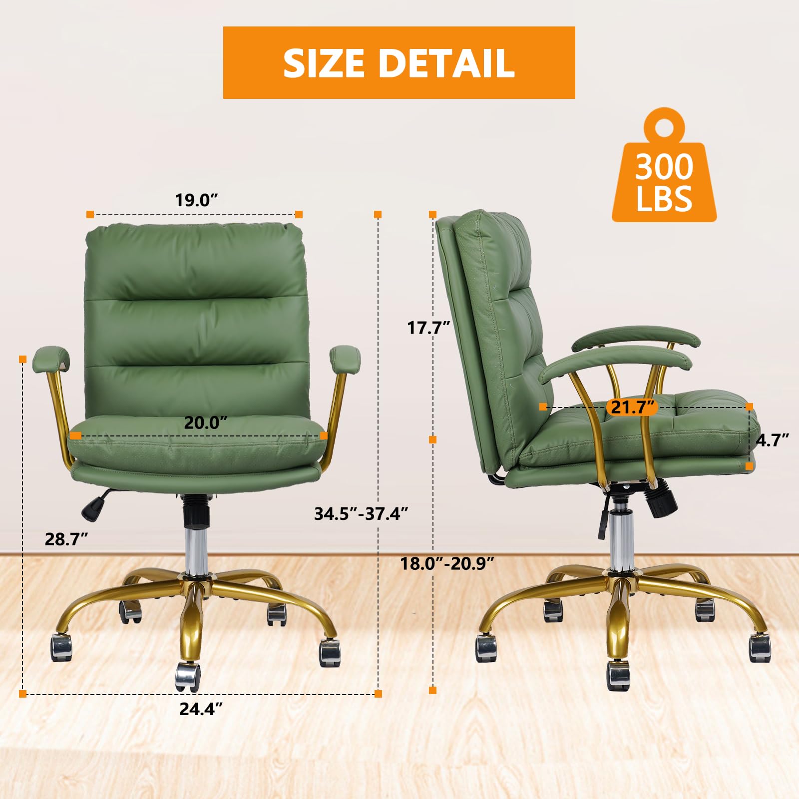Premium Green & Gold Leather Office Chair - Ergonomic Swivel Desk Chair with Padded Seat, Adjustable Height & Wheels - Perfect for Home Office, Study Room, Vanity Dressing Table & Living Room Workspace