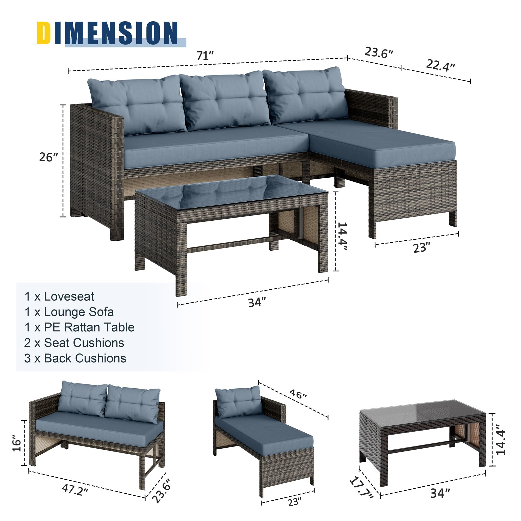 Vongrasig 3-Piece All-Weather Wicker Patio Furniture Set - Outdoor Sofa Sectional with Cushions & Glass Table - Blue Garden Conversation Set for Backyard, Deck, Poolside or Balcony