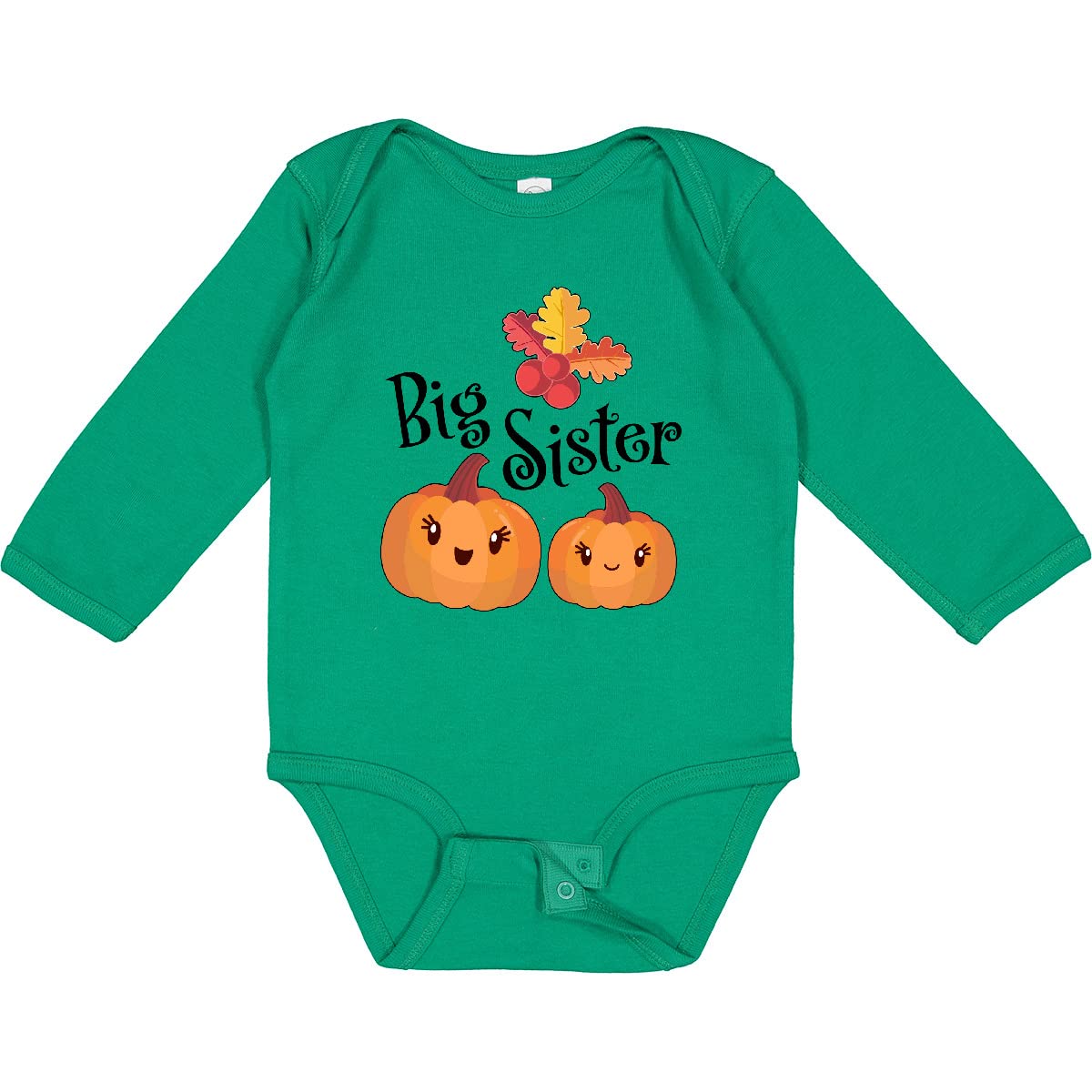 Inktastic Big Sister Pumpkins with Fall Leaves Long Sleeve Baby Bodysuit - Cute Autumn Outfit for Newborns & Infants | Perfect for Fall Family Photos, Halloween & Thanksgiving Gatherings