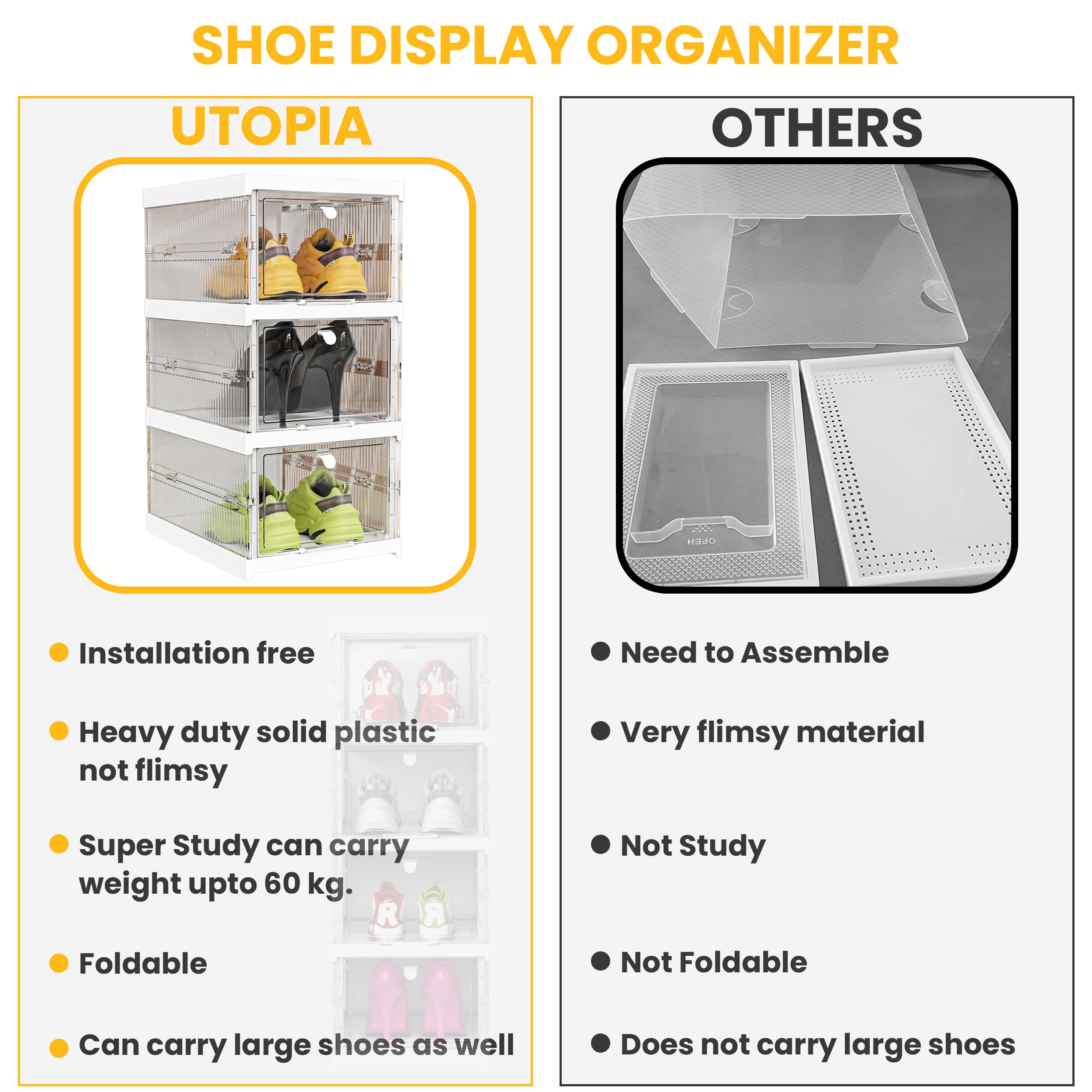 Utopia Home 6-Tier Stackable Shoe Organizer - White Plastic Foldable Shoe Storage for Closet | Space Saving Sneaker & Boot Containers | Perfect for Small Spaces, Dorm Rooms & Apartment Organization