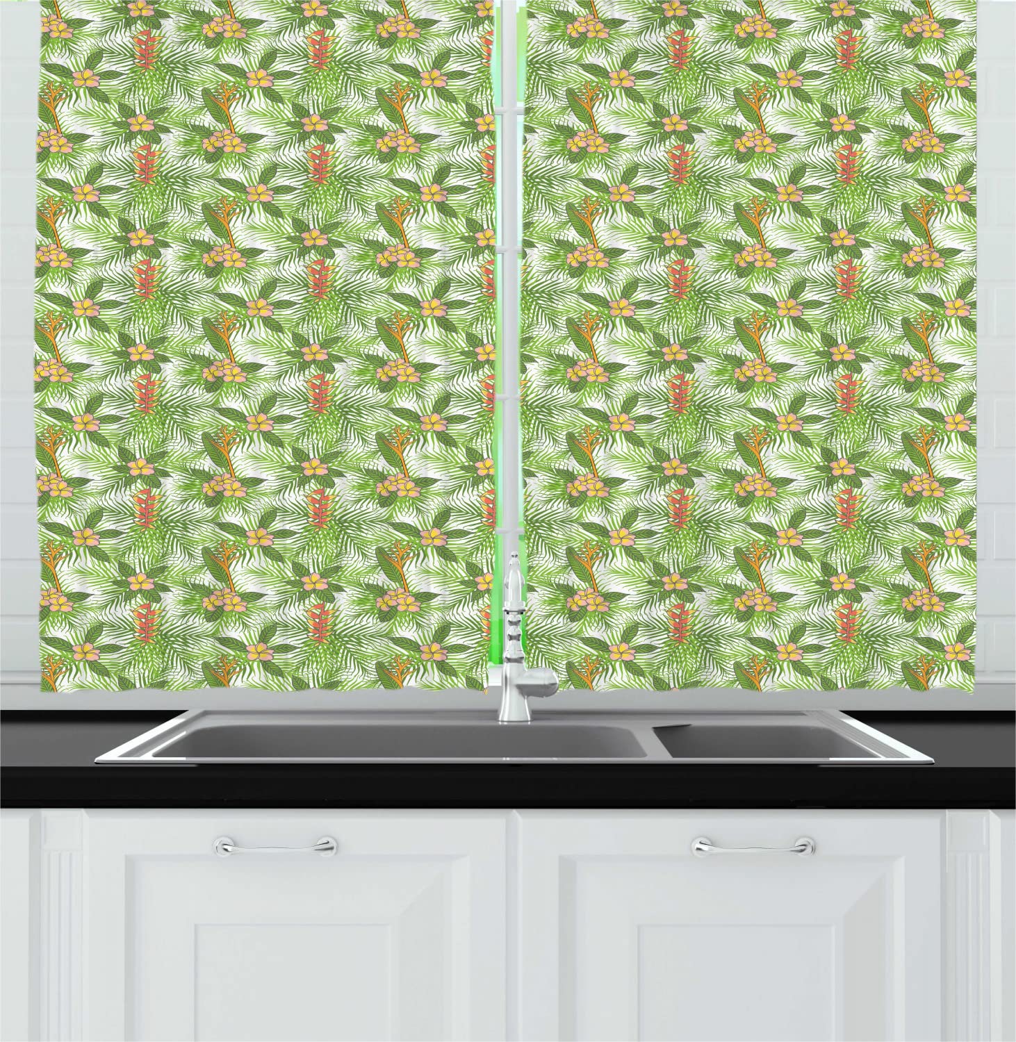 Ambesonne Tropical Palm Leaf & Hibiscus Flower Kitchen Curtains - 2 Panels, 55