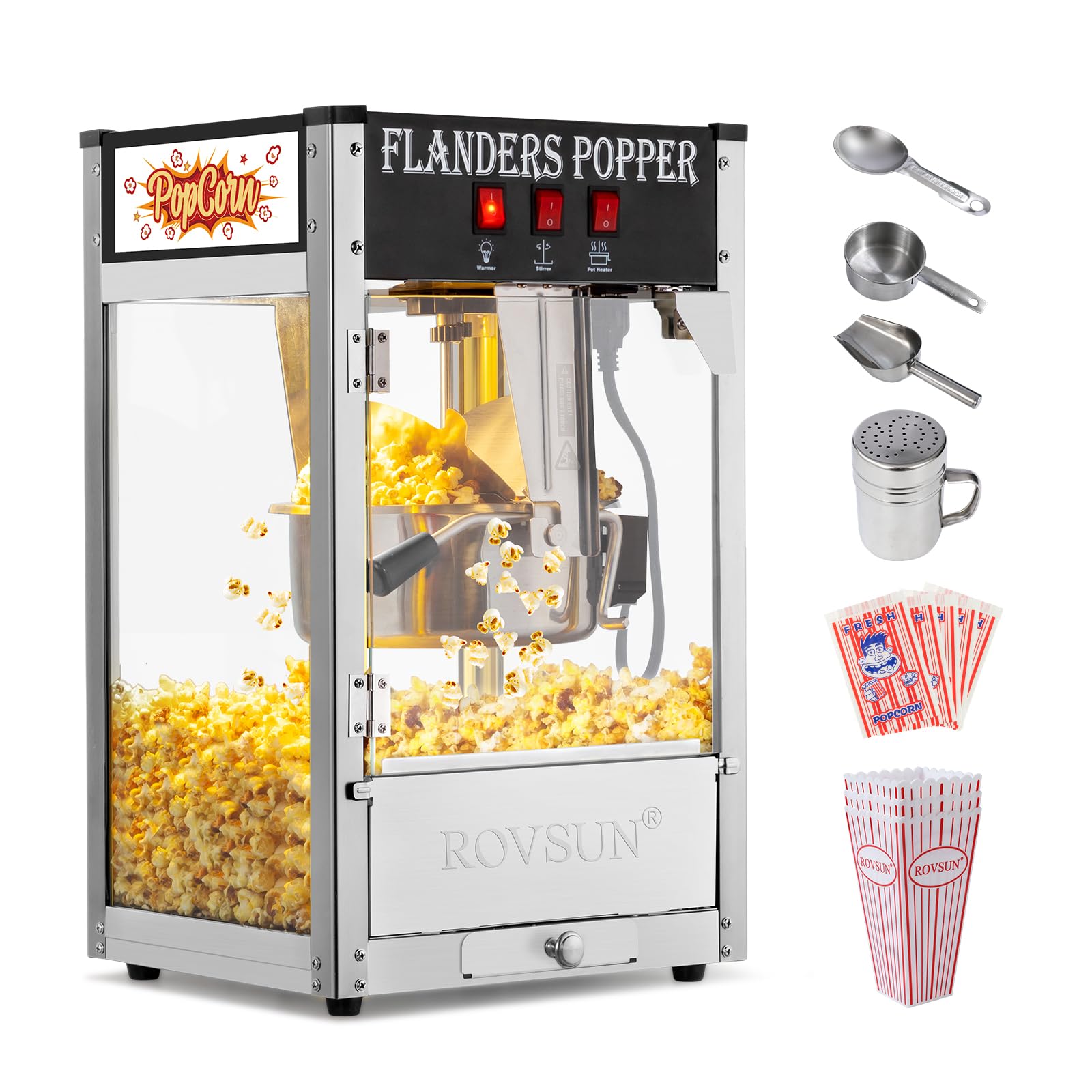 ROVSUN 8oz Commercial Popcorn Machine - Makes 32 Cups, Countertop Popcorn Maker with Stainless Steel Scoop & Oil Spoon - Perfect for Home Theater, Parties, and Movie Nights (Black)