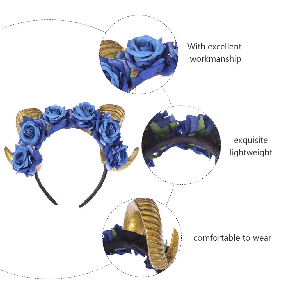 Beaupretty Blue Rose Ox Horn Headband - Halloween Cosplay Headpiece for Women, Costume Accessory for Bull Horn Headdress, Masquerade Party & Cosplay Events | Perfect for Halloween, Themed Parties & Costume Contests