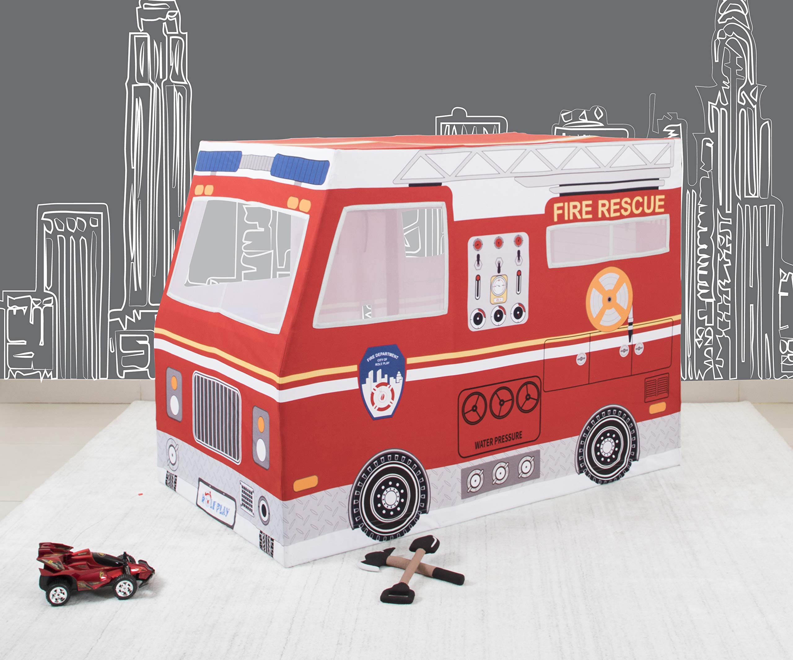 Premium Kids' Fire Truck Play Tent - Indoor & Outdoor Role Play House for Pretend Play | 100% Cotton Canvas Durable Playhouse with Free Plush Toys | Encourages Imagination & Creativity for Ages 3+ | Perfect for Backyard Adventures & Birthday Parties