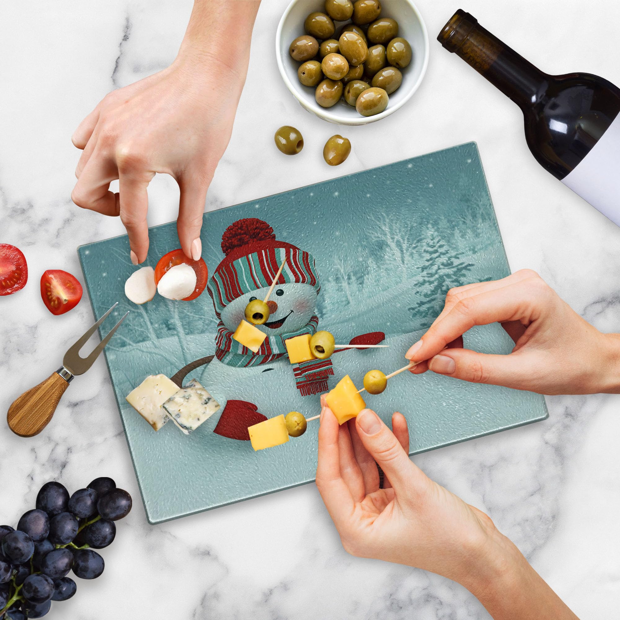 Ambesonne Snowman Themed Tempered Glass Cutting Board - 3D Smiling Snowman with Hat & Scarf Design - White & Red Holiday Serving Board for Cheese, Charcuterie & Appetizers - Perfect Christmas Kitchen Decor & Gift Idea