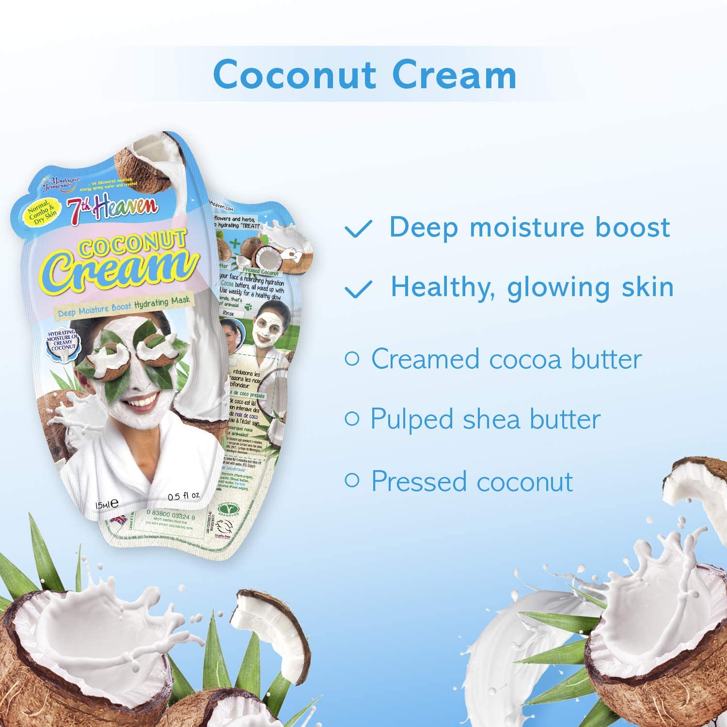 7th Heaven Coconut Cream Face Mask 15ml - Deep Hydrating Mask with Coconut Oil, Shea Butter & Cocoa Butter for Dry/Normal Skin | Pack of 2 | Spa Day Essential for Glowing Skin at Home