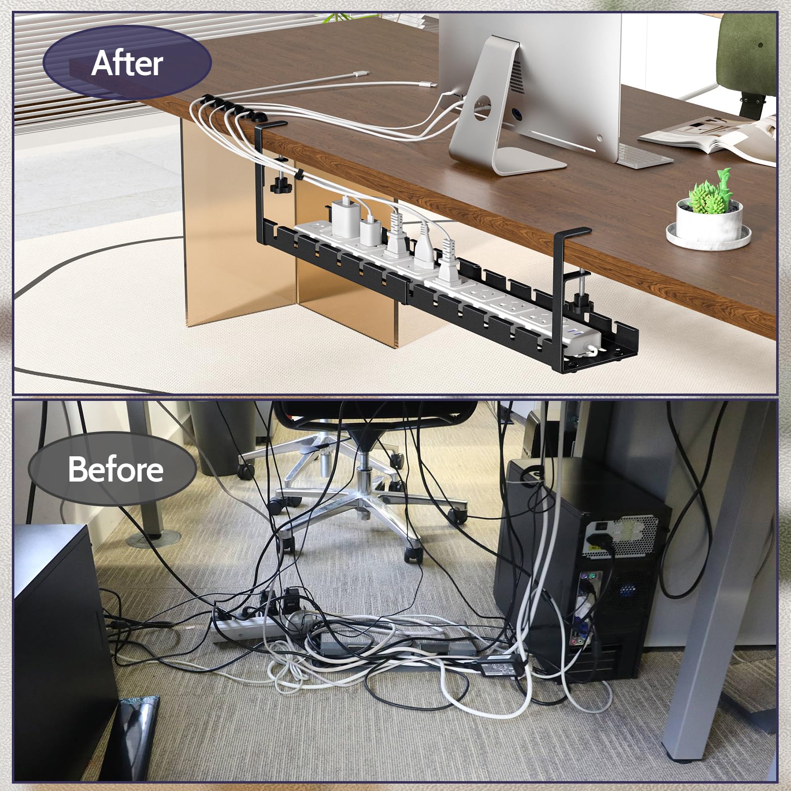 Shikha 2 Pack Under Desk Cable Management Tray - 15.7 to 31 Inch Adjustable Retractable Cord Organizer with Clamp, No Drilling Wire Management System for Home Office & Workspace - Perfect for Computer, Monitor & TV Cable Organization