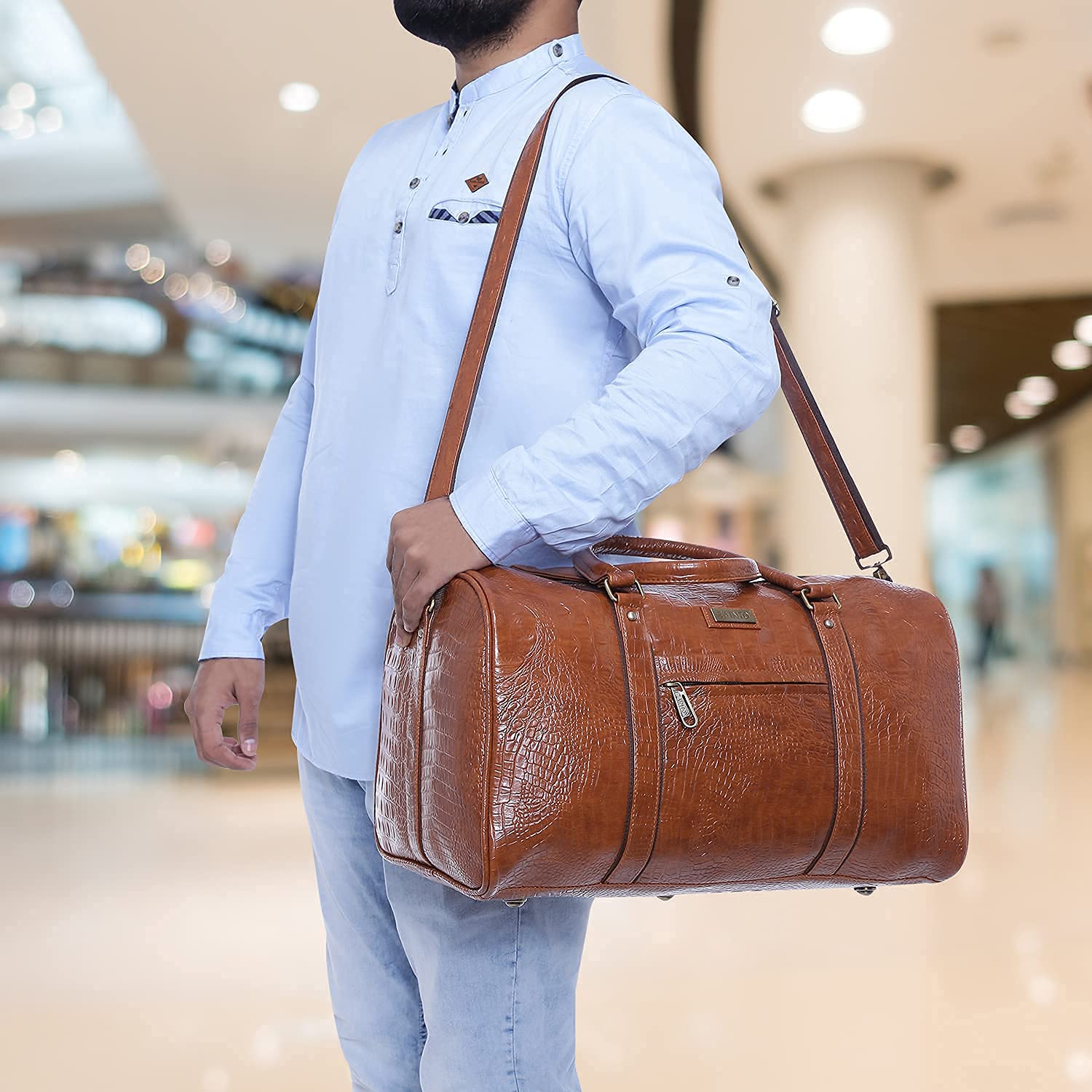 Unisex Textured Leatherette Duffle Bag 35L 7Kg - Stylish Cabin Luggage for Air Travel, Gym & Weekend Getaways (Tan)