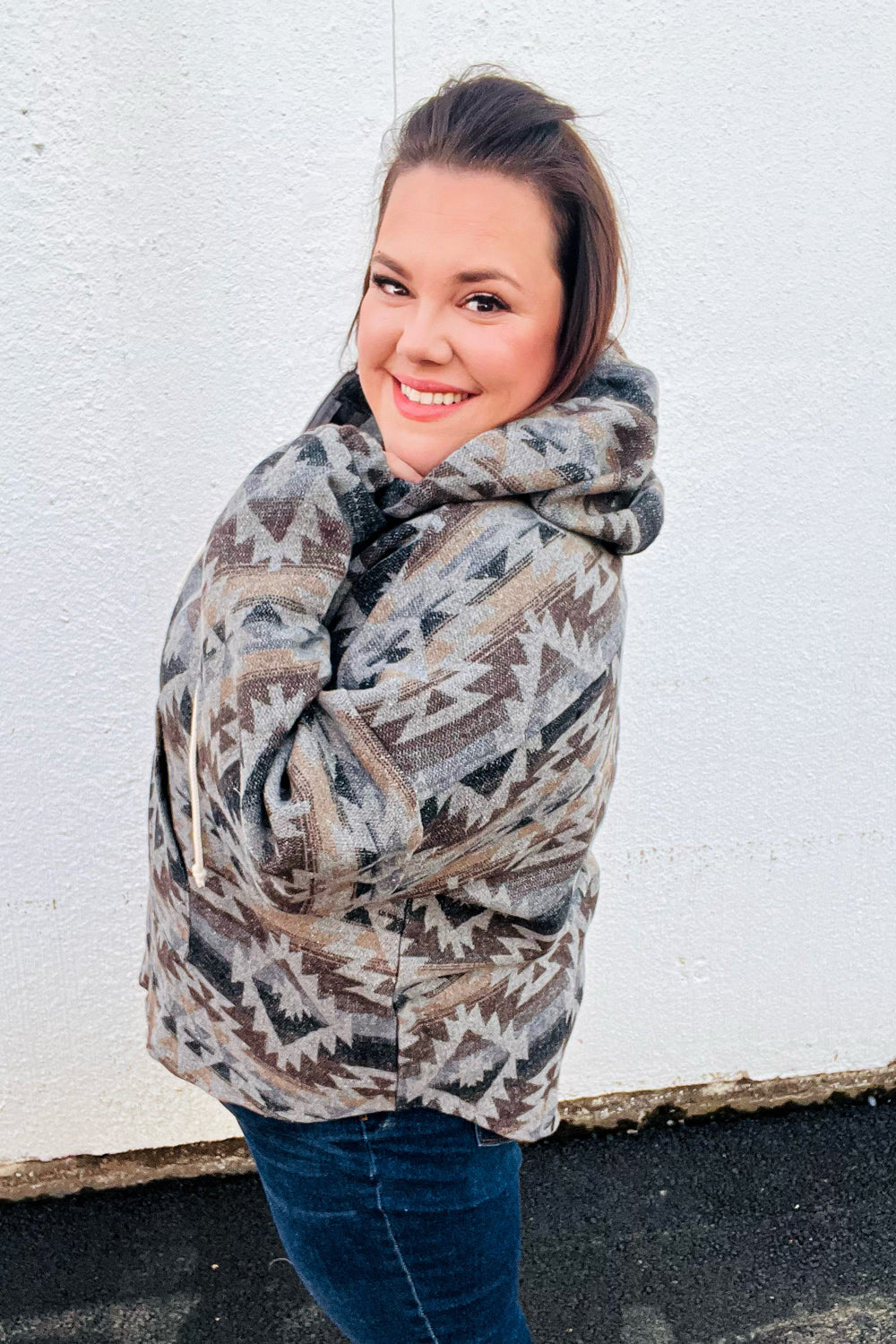 Grey Aztec Half Zip High Neck Hoodie for Men & Women | Warm Winter Pullover Sweatshirt | Outdoor Hiking & Casual Streetwear