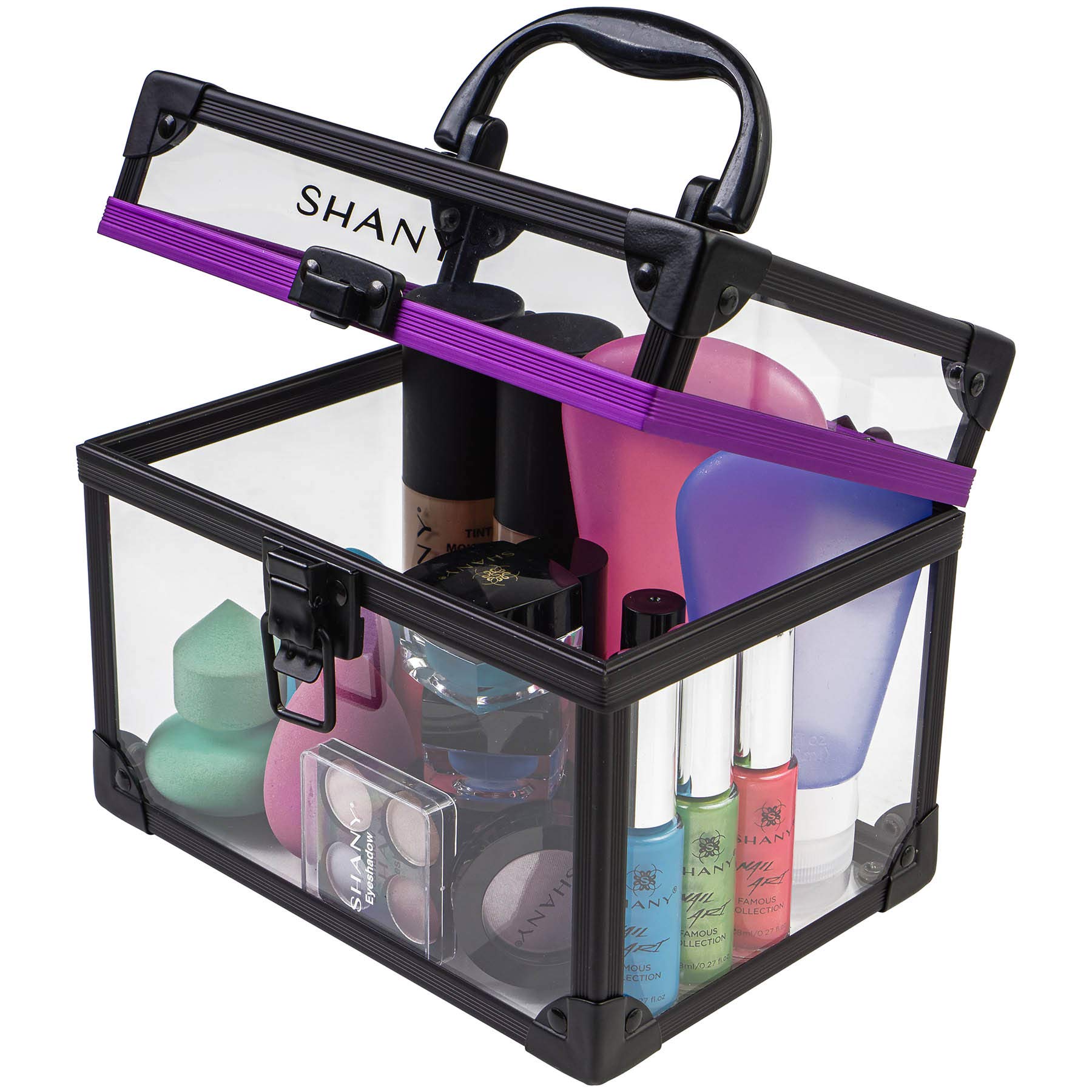 SHANY Clear Travel Makeup Bag Organizer - Large Clear Cosmetics & Toiletry Train Case with Secure Closure, Black/Purple Accents - Perfect for Travel, Gym, and Home Storage