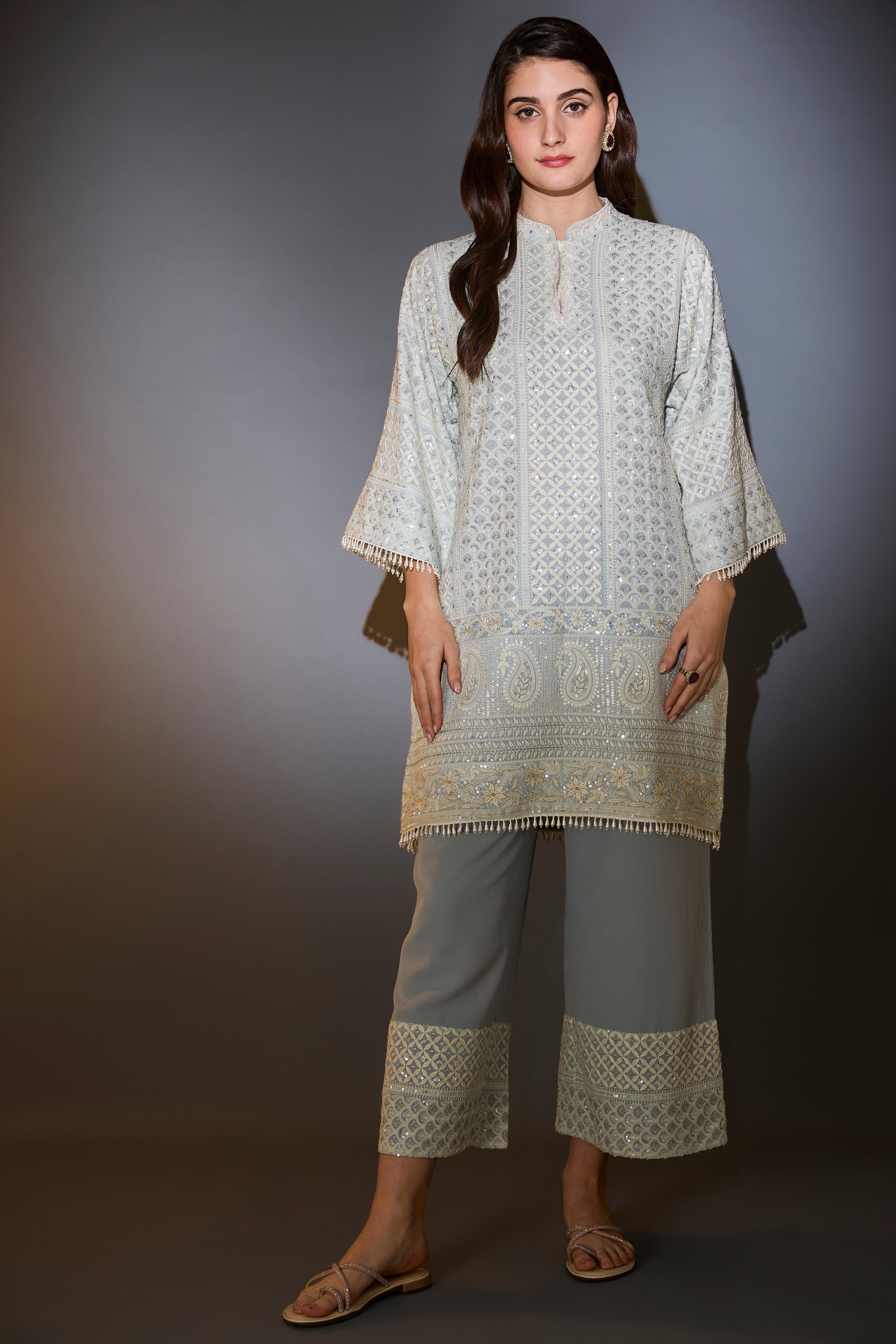 Elegant Powder Blue Chikankari Suit Set with Intricate Thread & Sequins Embroidery | Perfect for Weddings, Parties & Festive Occasions