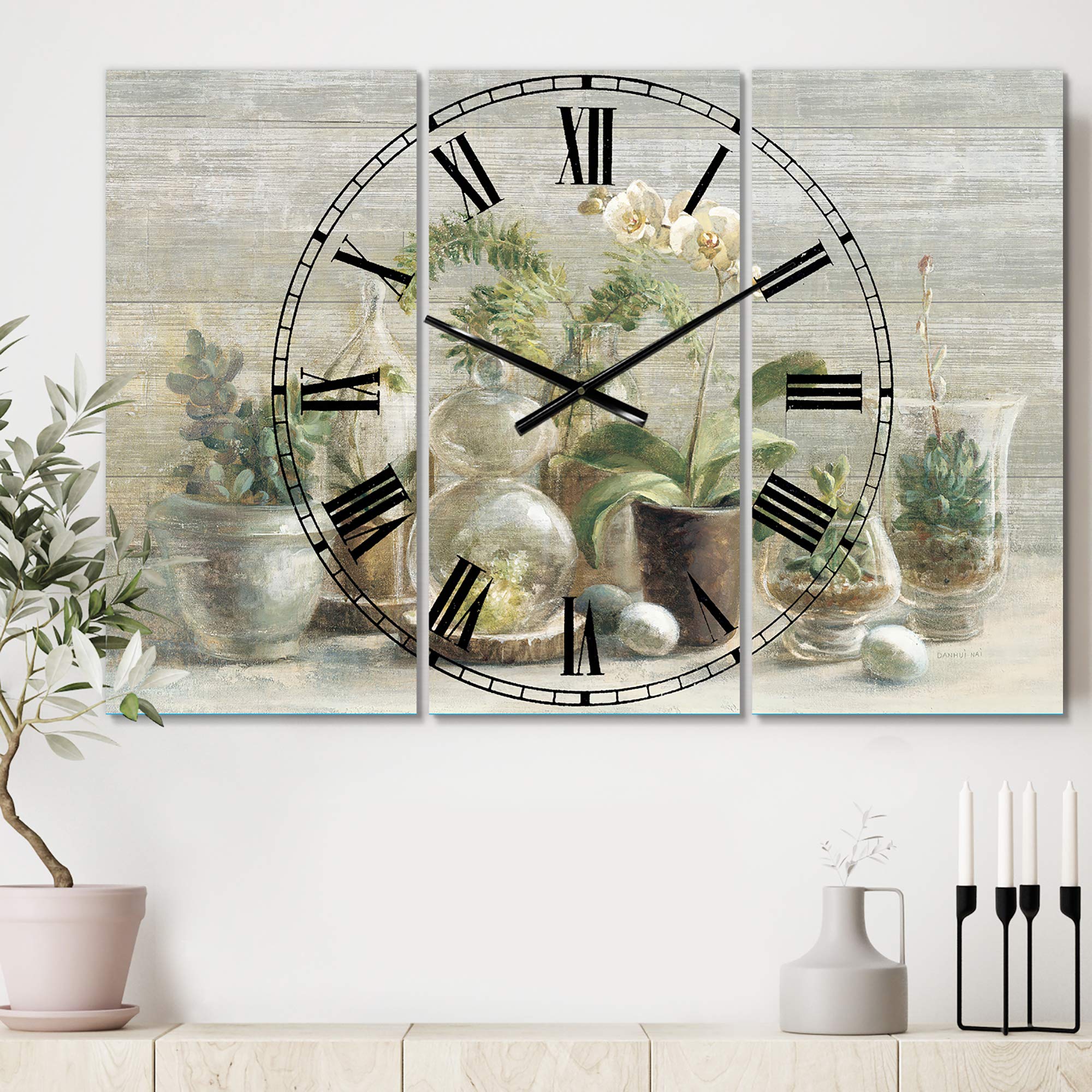 Designart Orchid Composition 3-Panel Traditional Wall Clock - Elegant Metal Wall Art for Home, Living Room, Bedroom & Office Decor | Perfect for Modern & Classic Interior Design Styles