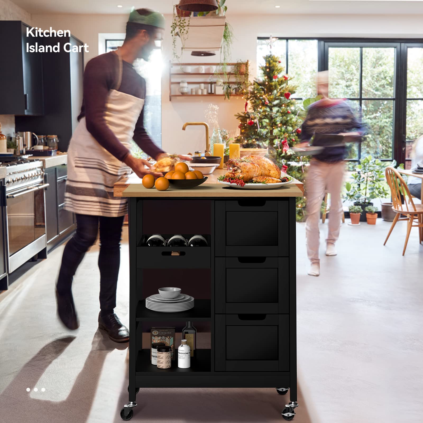 YITAHOME Kitchen Island Cart with 3 Drawers & 3 Shelves - Rolling Mobile Kitchen Storage Organizer with Wheels for Dining Room, Bar Counter, Small Space - Black Modern Serving Utility Trolley for Food Prep, Entertaining & Home Organization