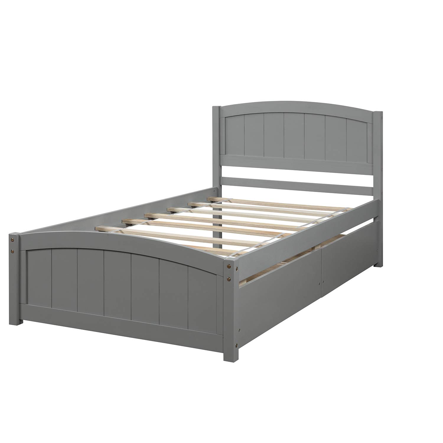 Harper & Bright Designs Twin Bed Frame with 2 Drawers - Solid Wood Platform Bed with Headboard & Footboard, Wood Slat Support - Grey - Perfect for Kids Room, Guest Bedroom & Small Spaces