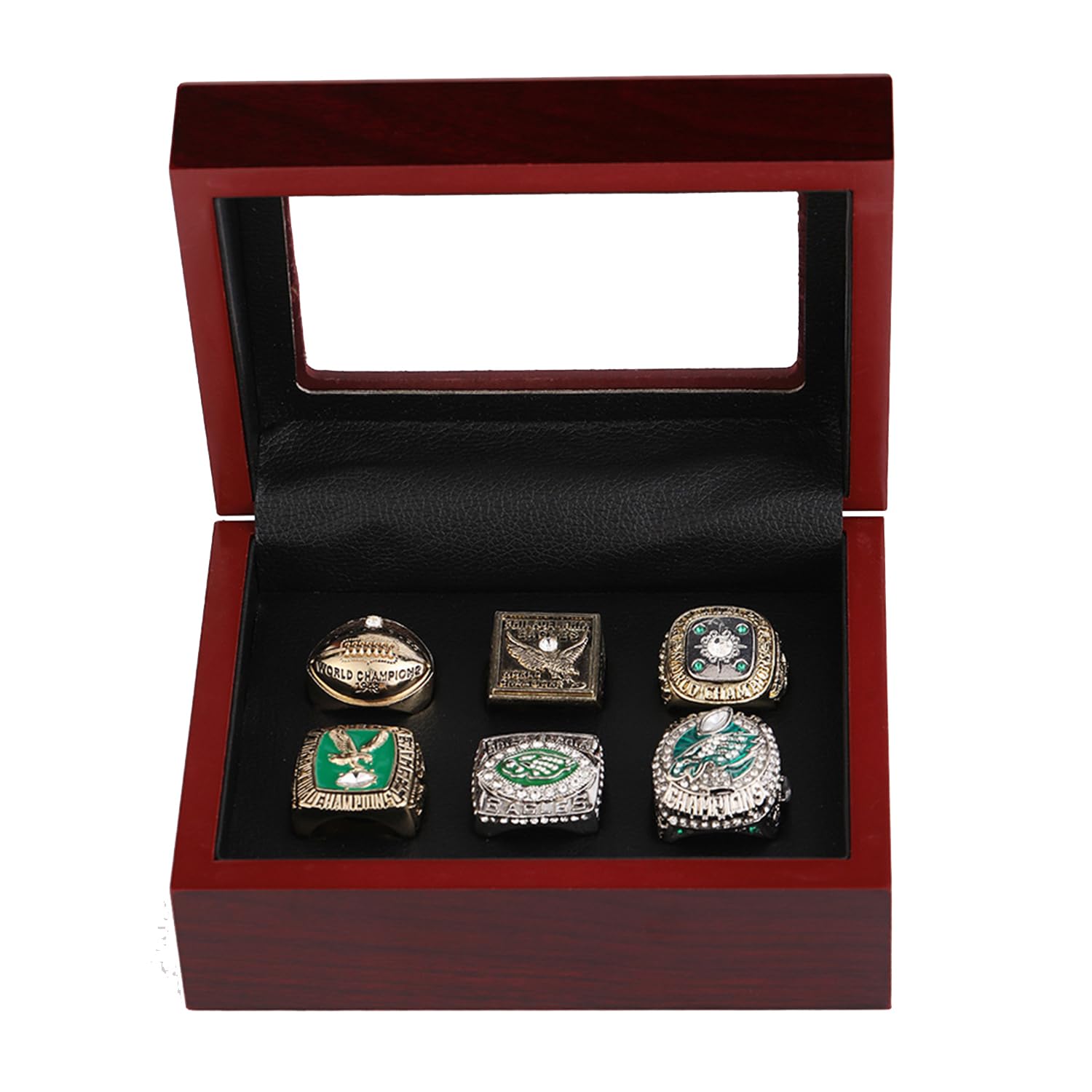 VIOLK Championship Ring Set - 6 Replica NFL Super Bowl Rings with Eagles Glory Design, Football Collectible Memorabilia in Wooden Display Case - Perfect Gift for Sports Fans, Super Bowl Parties & Man Cave Decor
