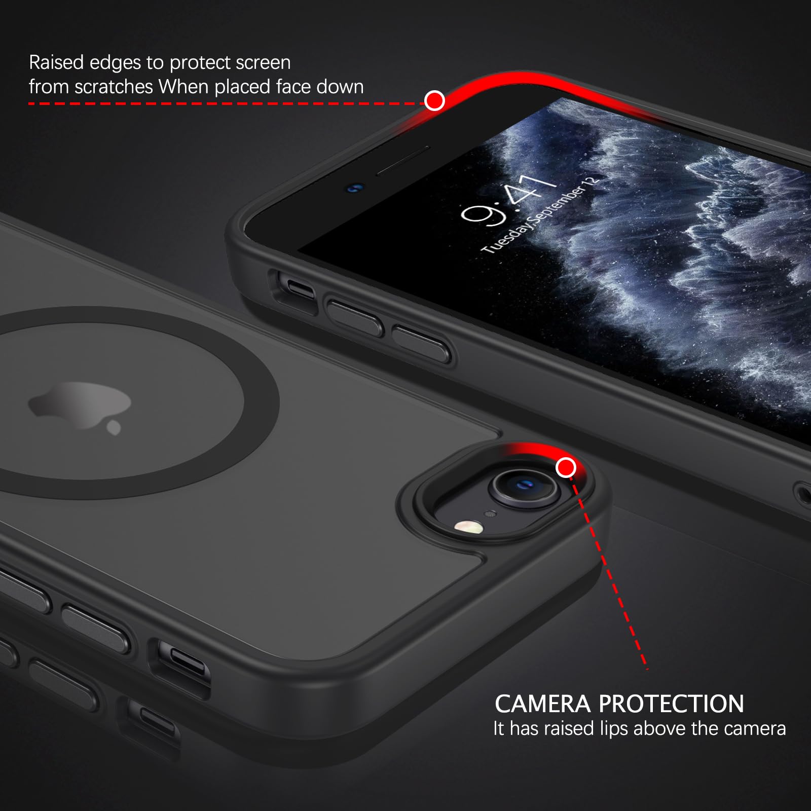 Magnetic iPhone SE Case (2020/2022) & iPhone 8/7 Case - Magsafe Compatible, Translucent Matte Finish, Anti-Scratch Protection - Perfect for Everyday Use, Commuting & Wireless Charging - Black