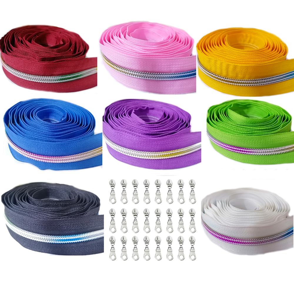 Rainbow Nylon Zipper by The Yard - 24 Yards Sewing Zipper Tape with 24PCS Pulls for DIY Crafts, Tailoring & Fashion Design - Perfect for Dresses, Bags & Home Decor Projects (8 Colors, 3 Yards Each)