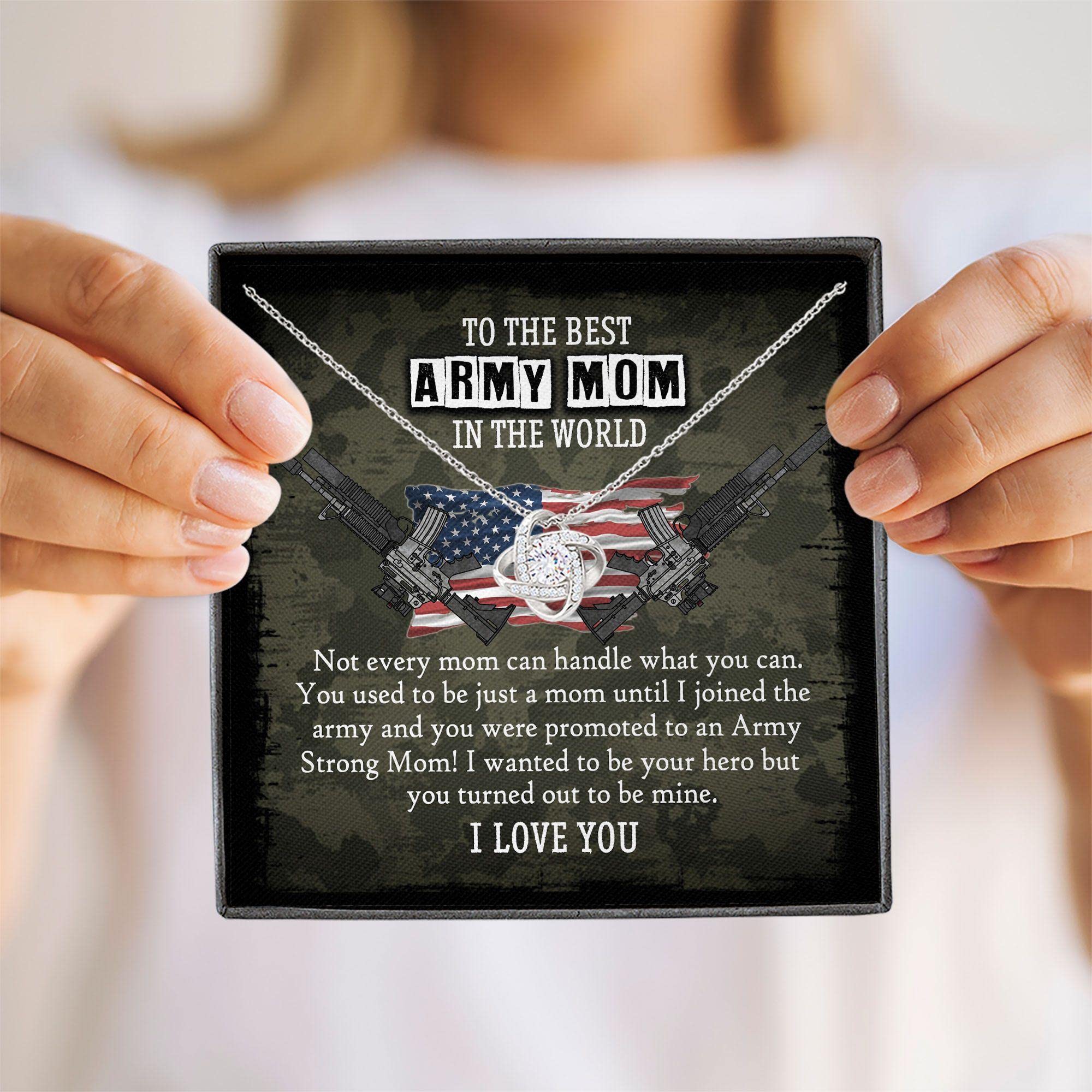 Proud Army Mom Necklace - Love Knot Jewelry Gift for Military Mothers | Mother's Day, Birthday & Special Occasion Gifts | Comes with Elegant Gift Box & Card | Perfect for Deployment, Homecoming & Everyday Wear