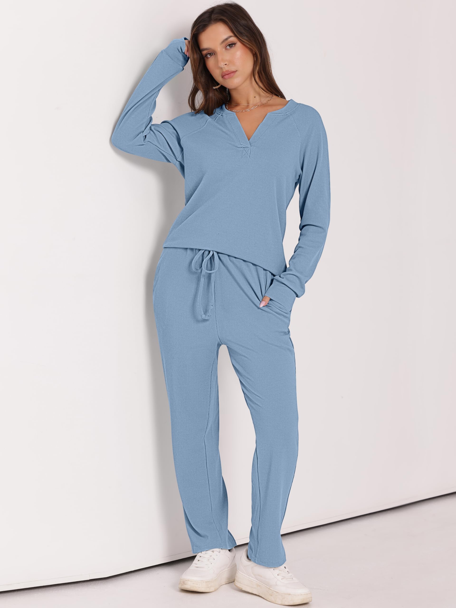Women's Waffle Knit Pajama Set - Long Sleeve Sleepwear & Pants Soft Lounge PJS with Pockets | Cozy Winter Nightwear for Home Relaxation & Sleep