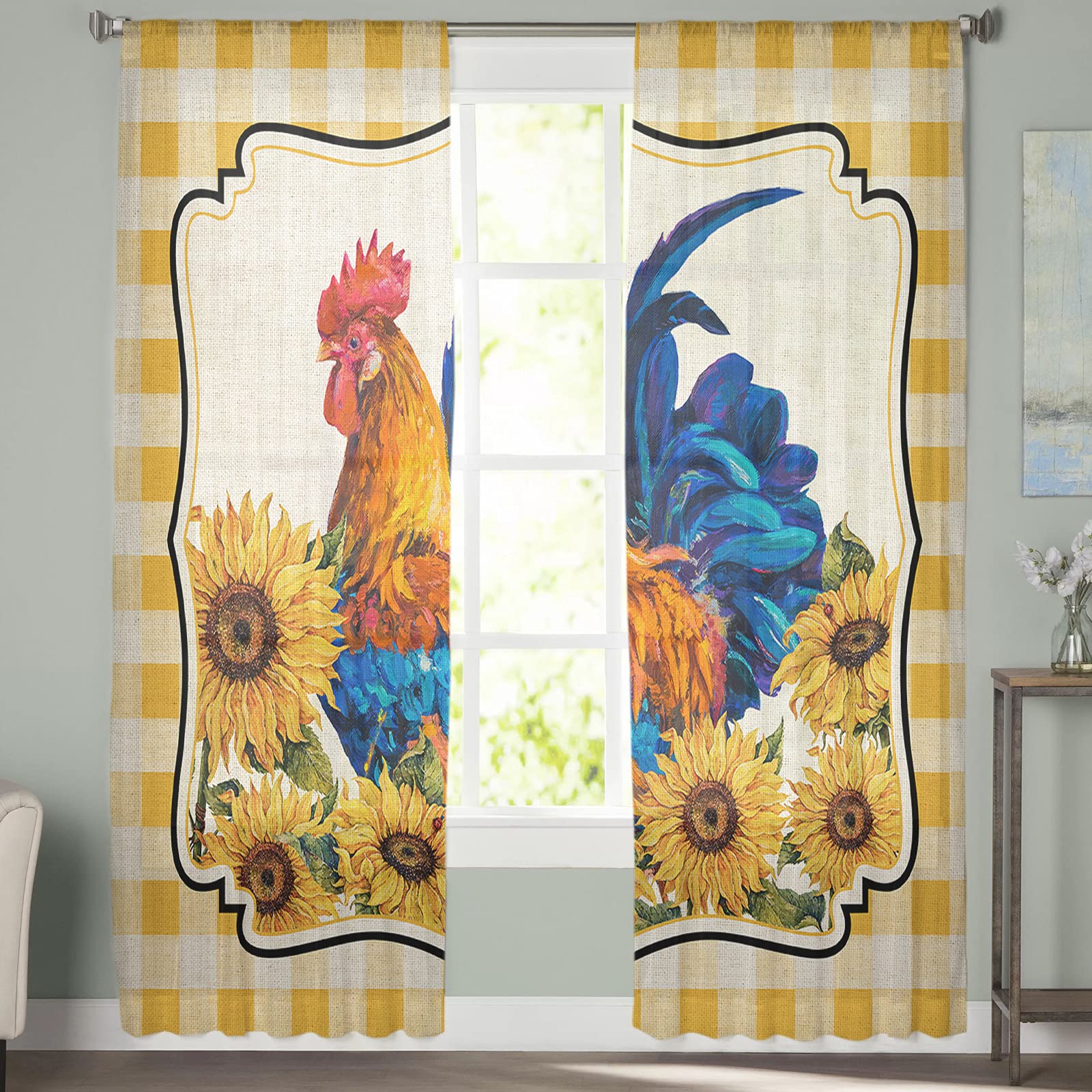 Semi Sheer Curtains 72 Inches Long - Farmhouse Rooster & Sunflower Yellow Buffalo Plaid Window Treatments, Light Filtering Rod Pocket Drapes for Living Room & Bedroom (2 Panels) - Perfect for Farmhouse, Rustic, or Country Style Home Decor