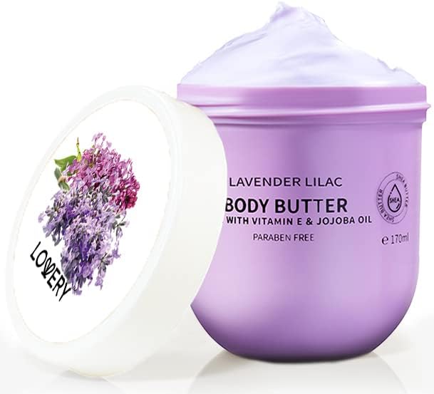 Lavender Lilac Body Butter - Shea Cream with Jojoba Oil & Vitamin E - Hydrating Natural Moisturizer for Dry Hands, Feet & Elbows - 5.74 Fl Oz - Perfect for Daily Skincare Routine & Spa Night Self-Care
