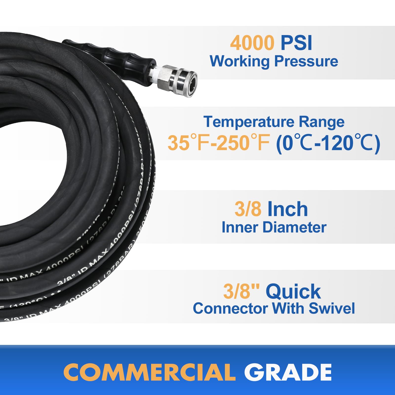 TOOLCY 3/8 Inch 4000 PSI Power Washer Hose - 150 FT Heavy Duty Rubber Pressure Washer Hose with 3/8