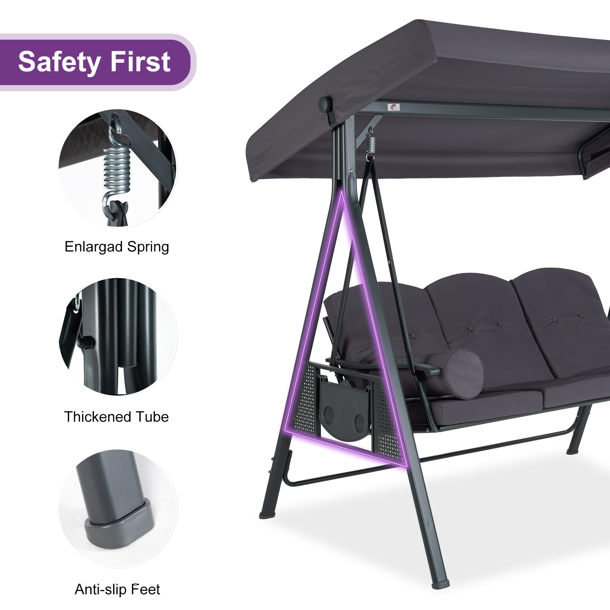 PURPLE LEAF 3-Seater Outdoor Patio Swing with Stand - Adjustable Canopy, All-Weather Steel Frame & Included Cushions - Perfect for Backyard, Porch, Garden Relaxation (Grey)
