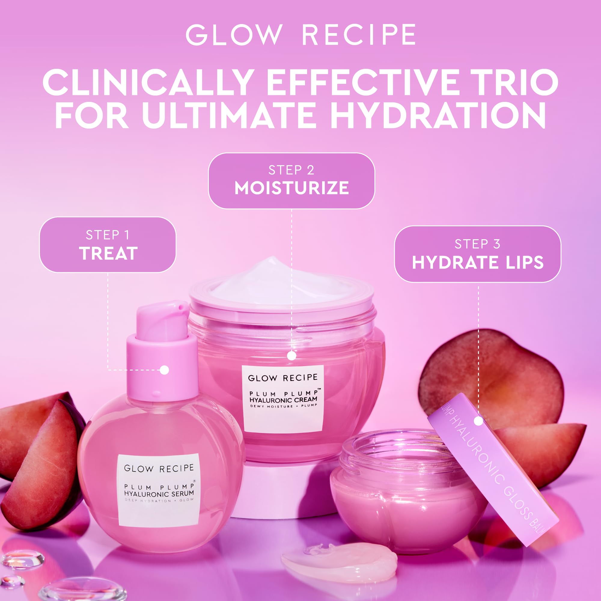 Glow Recipe Double the Plump Korean Skin Care Gift Set - Hyaluronic Acid Whipped Gel Face Cream & Plum Plump Serum for Hydrating Dry Skin (3-Piece Set) | Perfect for Travel, Daily Moisturizing & Gift Giving