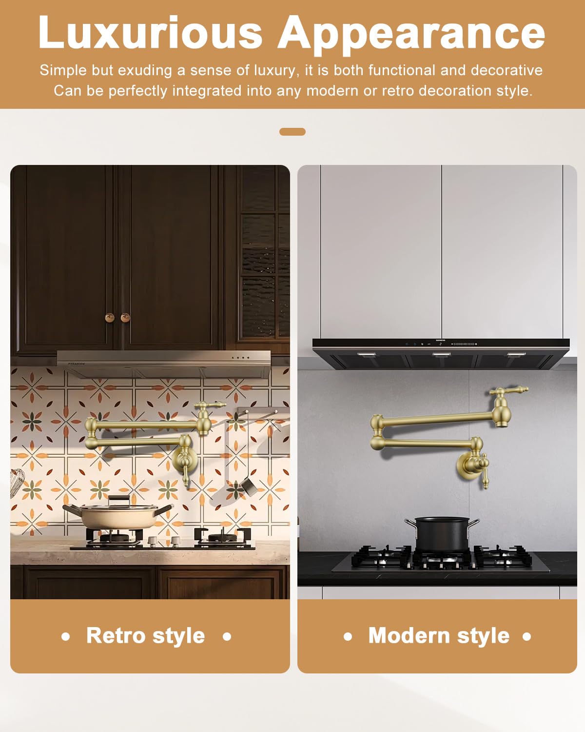 Brass Wall Mounted Pot Filler Faucet - Brushed Gold Commercial Kitchen Faucet with Double Joint Swing Arms for Stove - Perfect for Home Chefs & Restaurant Use