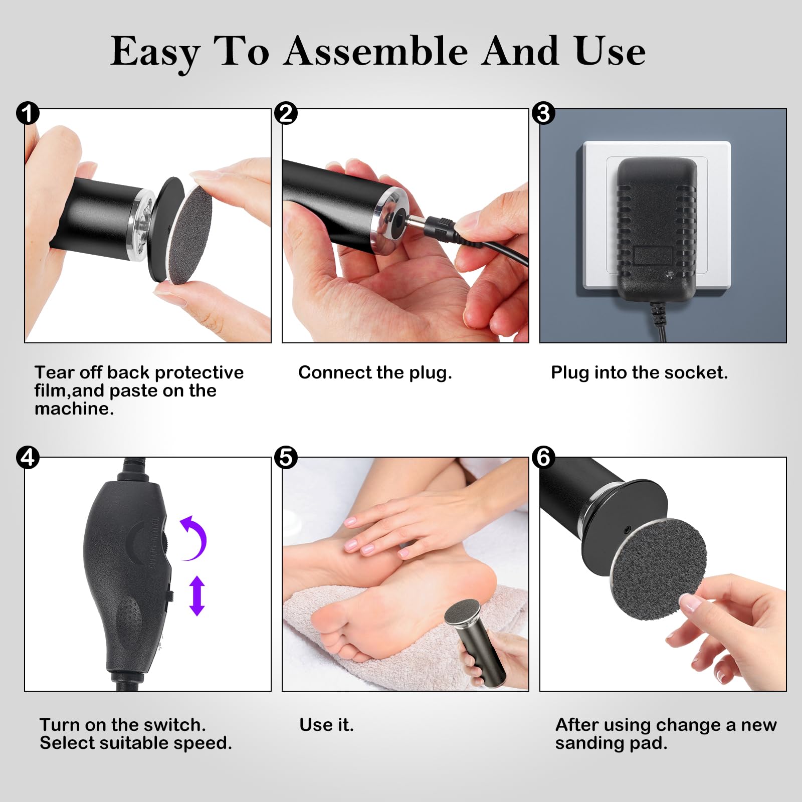 Professional Electric Foot Callus Remover - Adjustable Speed Pedicure Tool with 60 Replacement Sandpaper Discs for Dead Skin & Calluses - Black - Perfect for At-Home Pedicures & Foot Care