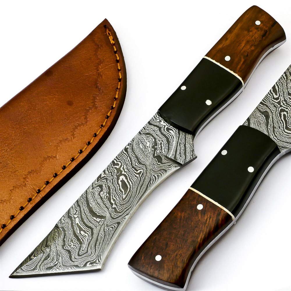 Premium Damascus Steel Tanto Hunting Knife - Custom Handmade Skinning Knife with Rosewood Handle & Genuine Leather Sheath | Outdoor Survival Gear, Camping, Bushcraft, Hunting Accessories (Model S-6468)