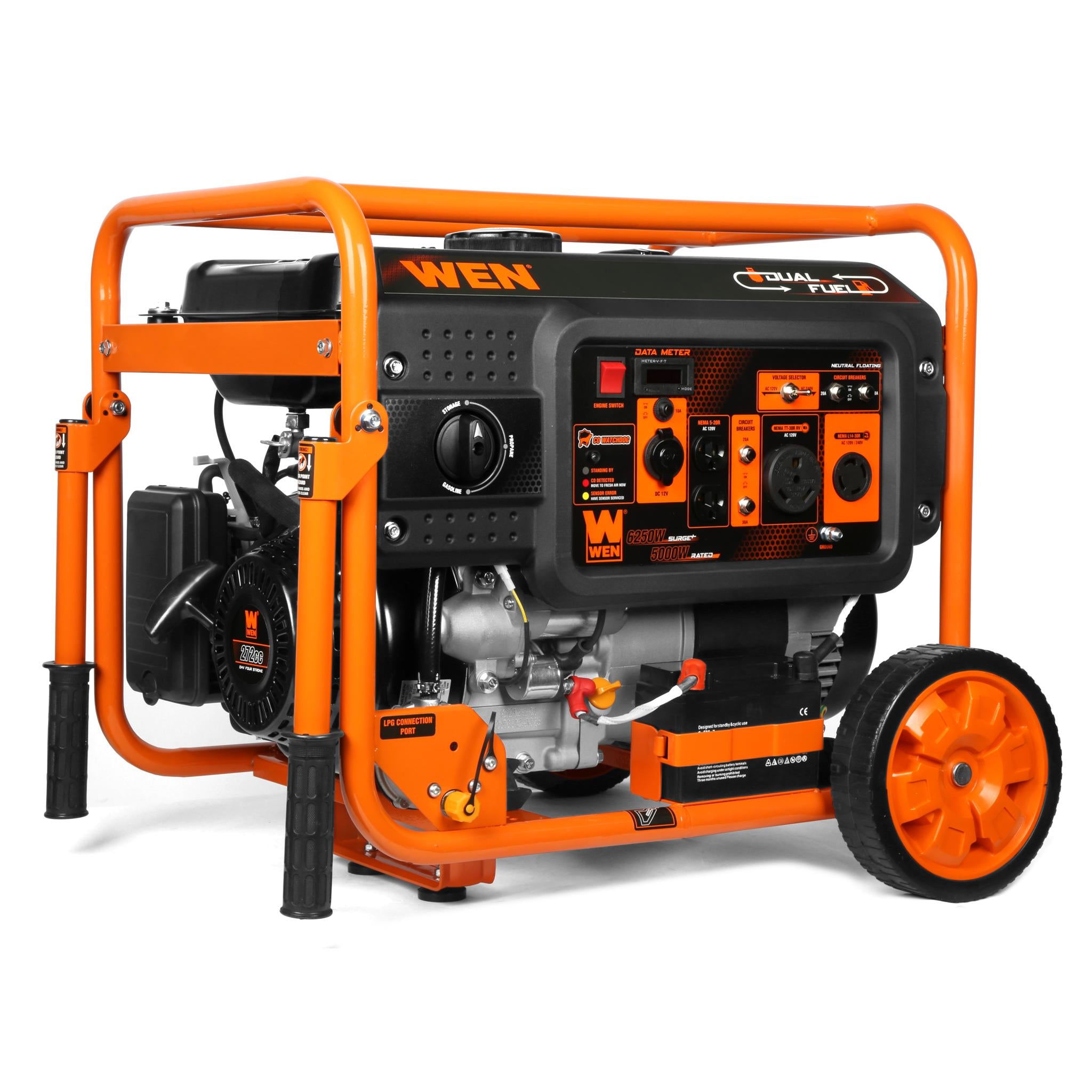 WEN DF623X 6250-Watt Dual Fuel Portable Generator with Electric Start - 120V/240V Output, Wheel Kit & CO Sensor - Perfect for Home Backup Power, Camping & Job Sites