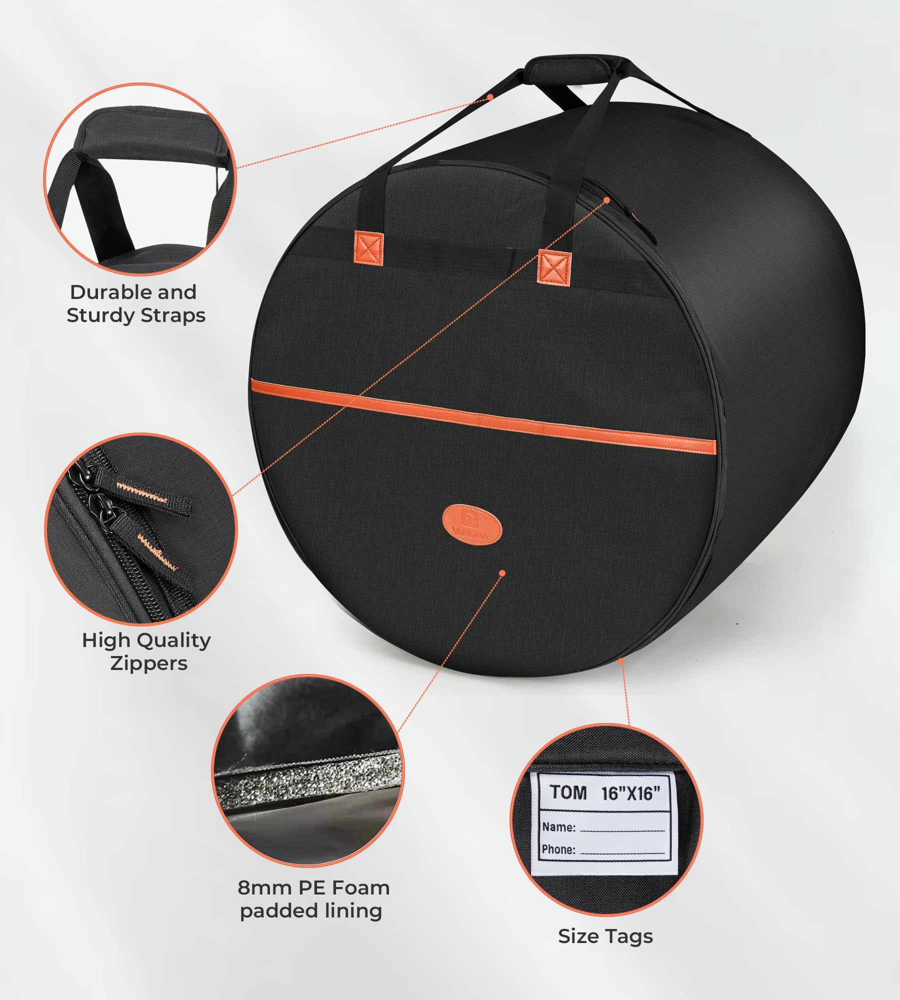 Vangoa 5-Piece Drum Bag Set with Thick Padding - Protective Drum Cases for 12