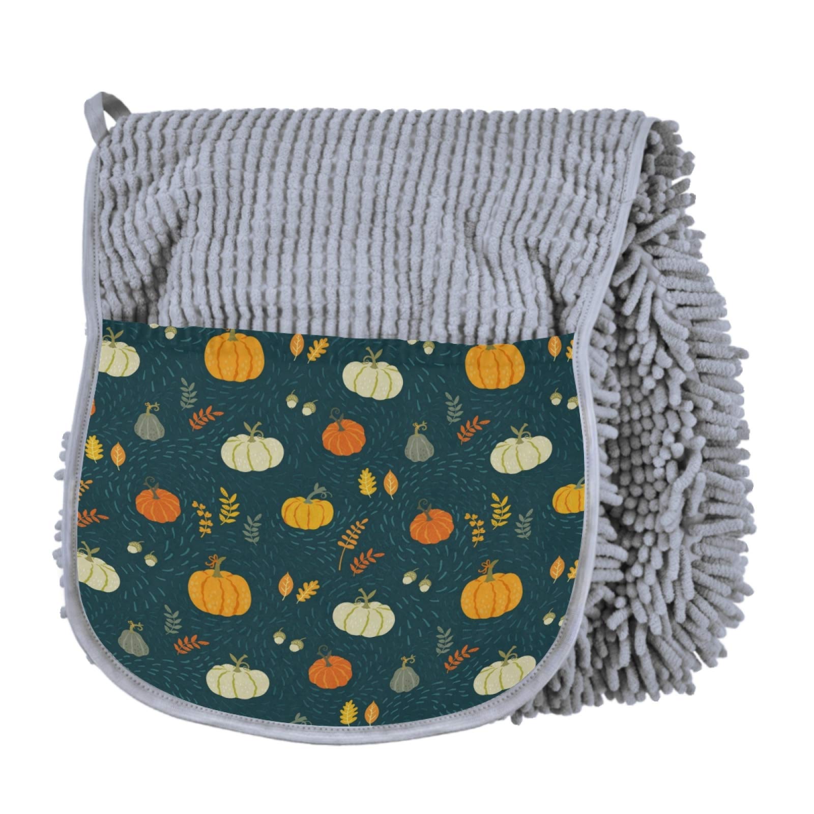 Premium Blue Texture Pumpkins & Branch Pet Bath Towel - Ultra Absorbent, Quick Drying Chenille Fabric for Dogs & Cats - Machine Washable with Hand Pocket - Perfect for Grooming, Bath Time & Post-Walk Cleaning