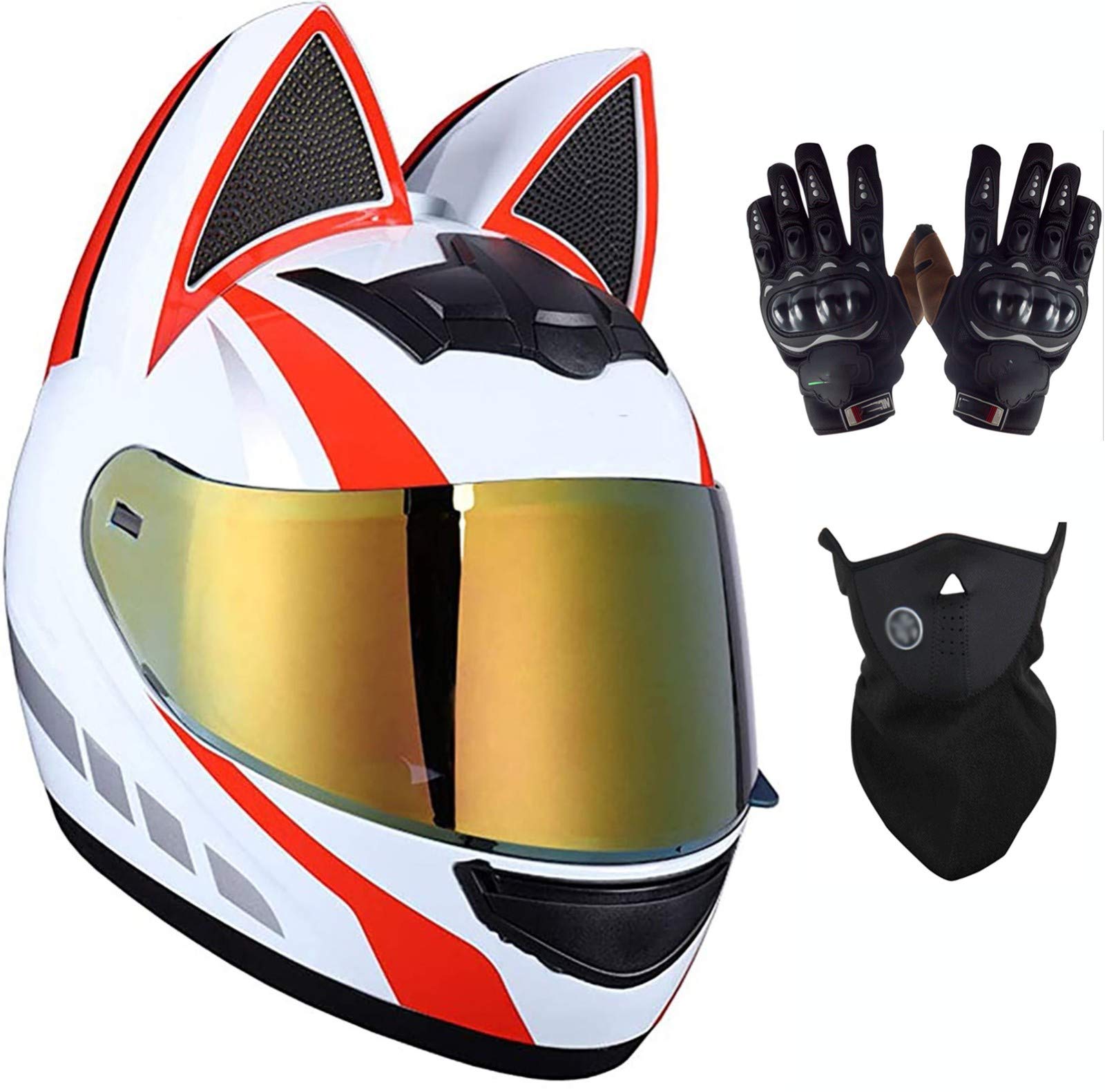 Women's DOT Certified Full Face Motorcycle Helmet with Cat Ears - Lightweight Flip-Up Modular Motocross Helmet for Adults (Size 57-58CM) - Includes Gloves & Mask - Perfect for Street Riding, Commuting & Off-Road Adventures