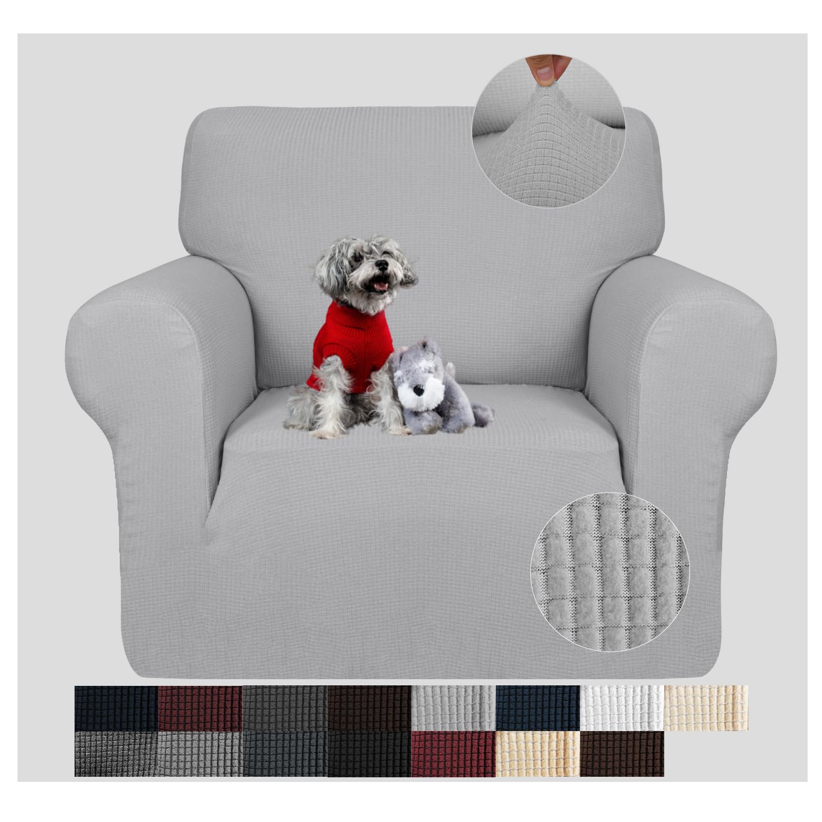 JIVINER Super Stretch Armchair Slipcover - 1-Piece Jacquard Small Check Pattern, Soft Anti-Slip Furniture Protector for Living Room Sofa & Couch (Light Gray & White) - Perfect for Homes with Kids & Pets, Easy to Clean & Durable for Daily Use
