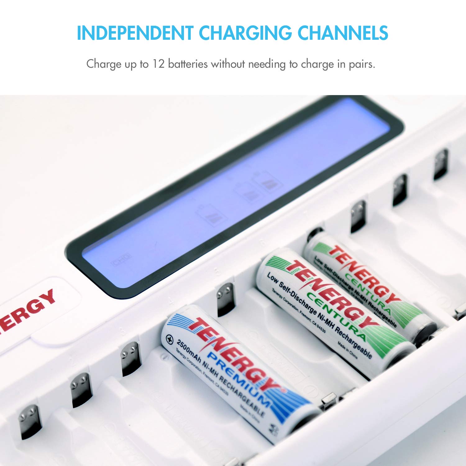 Tenergy TN160 LCD 12-Bay Smart Battery Charger for AA/AAA NiMH/NiCd Rechargeable Batteries with Refresh Function & AC Adapter - Perfect for Home, Office, and Emergency Power Supply