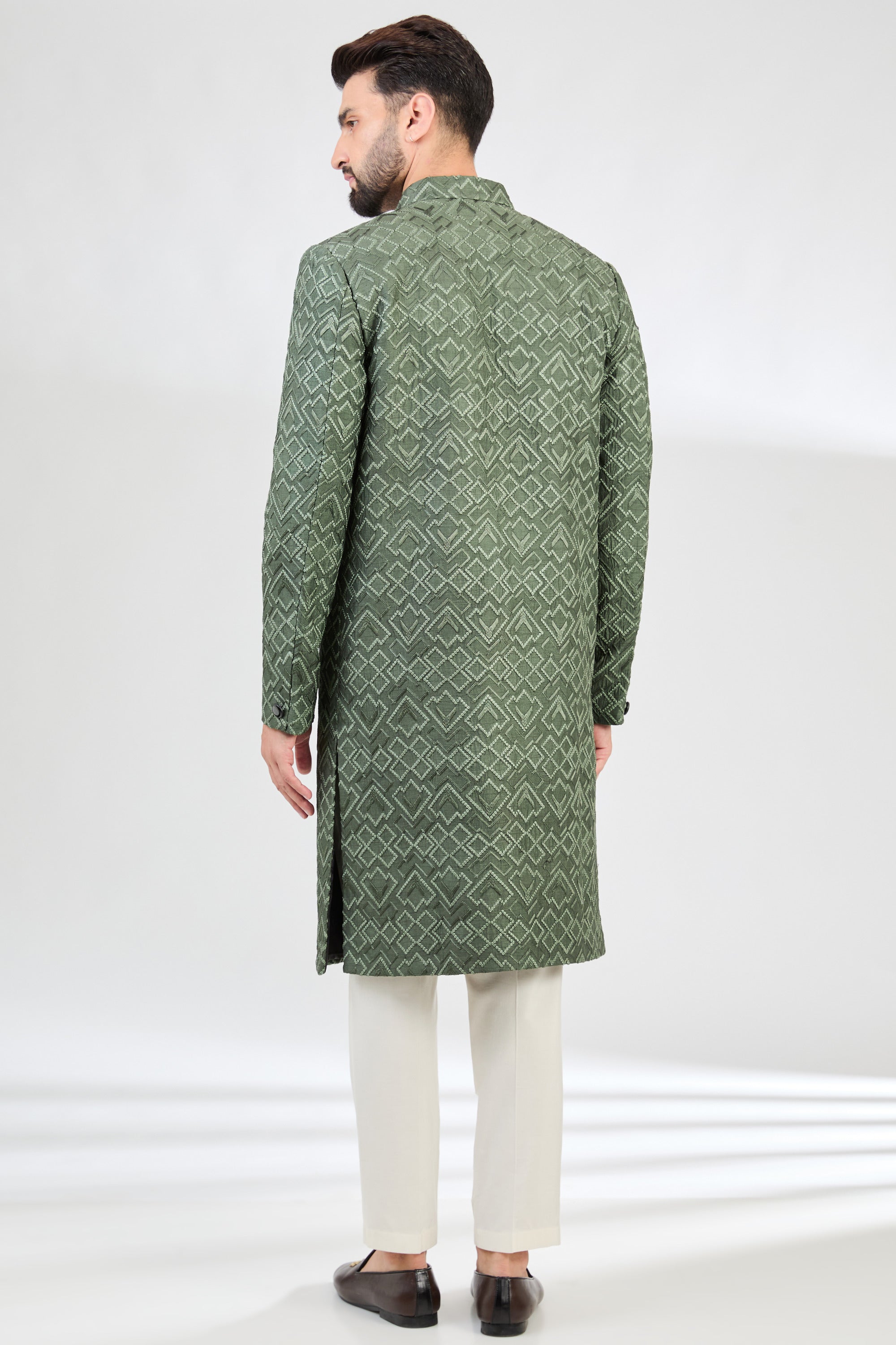 Military Green Geometric Embroidered Sherwani for Men - Traditional Indian Wedding Attire & Festive Occasions