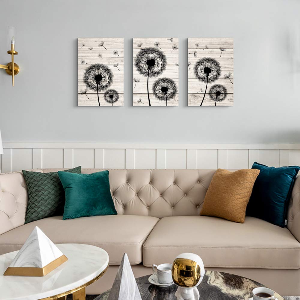 3-Piece Black Dandelion Flowers Canvas Wall Art Set - Abstract Paintings for Living Room, Bedroom, Kitchen & Office Decor - Ready to Hang Home Decoration Pictures (Perfect for Modern Spaces & Gift Giving)