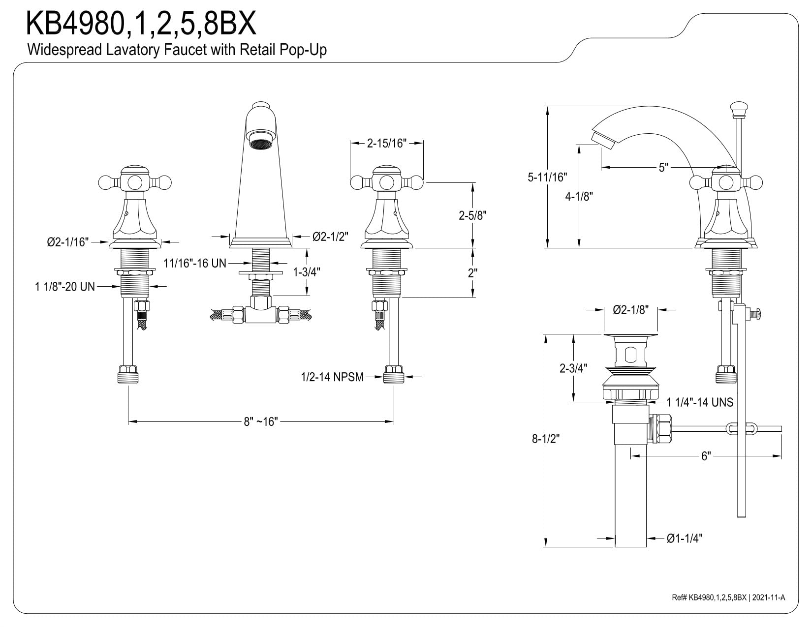 Kingston Brass KB4981BX Metropolitan Widespread Bathroom Faucet - 11