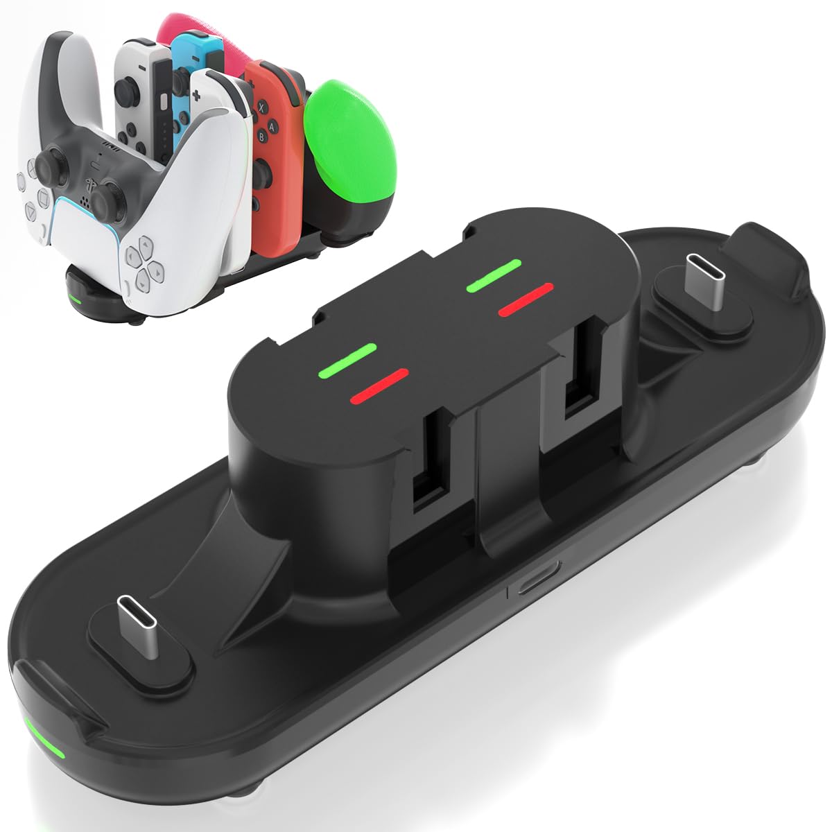 Nintendo Switch Controller Charger Dock - 6-in-1 Charging Station for JoyCon & Pro Controller with LED Indicator & USB Cable | Also Compatible with PS5 Controller | Perfect for Gaming Setup & Multiplayer Sessions