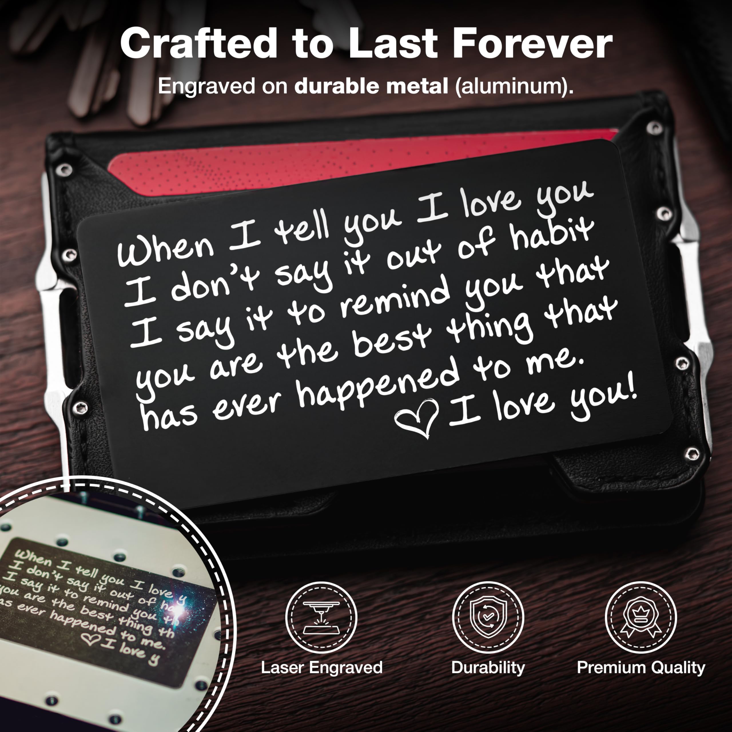 Love Card for Wallet - Valentine's Gift for Couples - Durable Engraved Keepsake for Everyday Carry